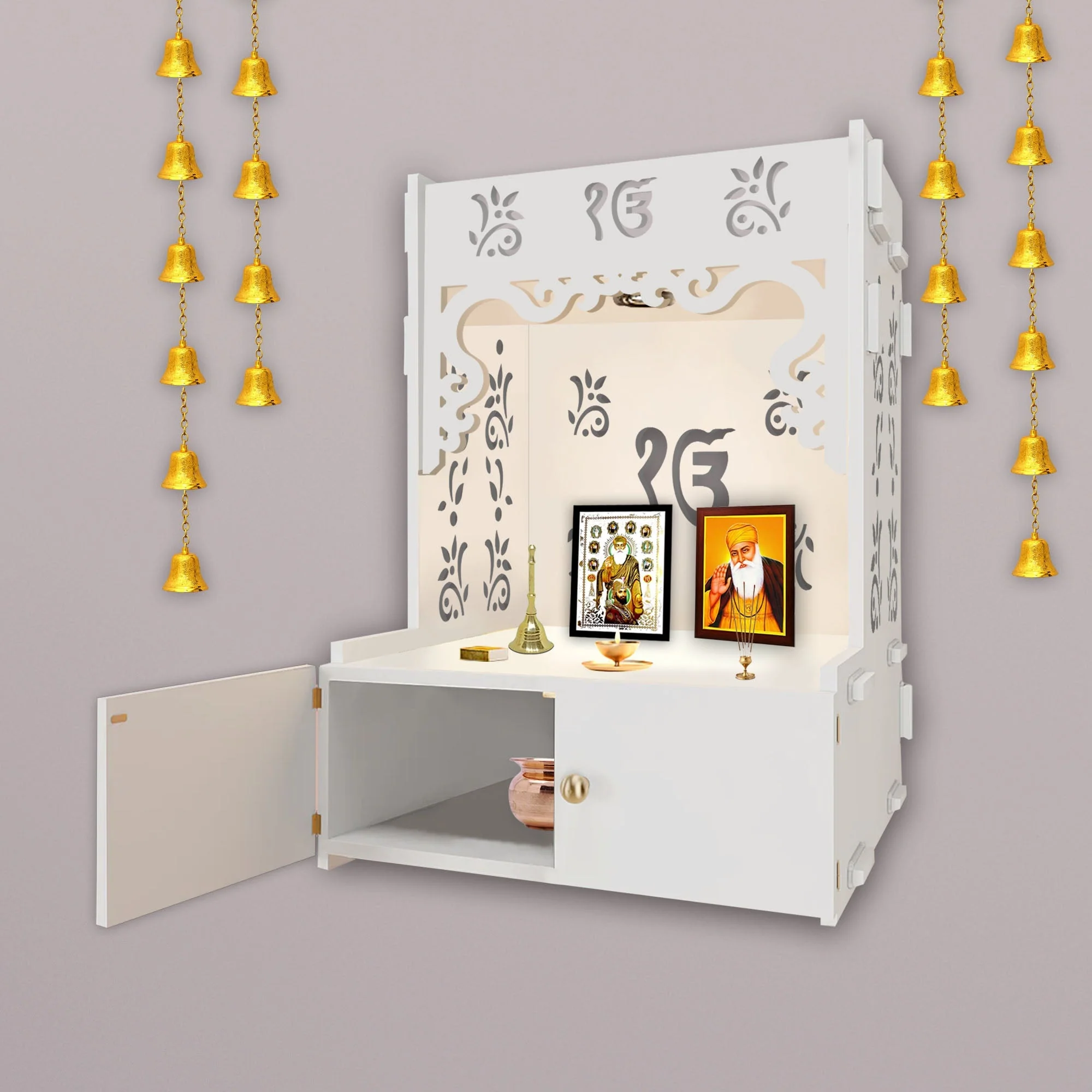 Ek-onkar Holy Symbol White Wooden Wall Temple for Home With Inbuilt focus Lights & Spacious Shelf - Image 3