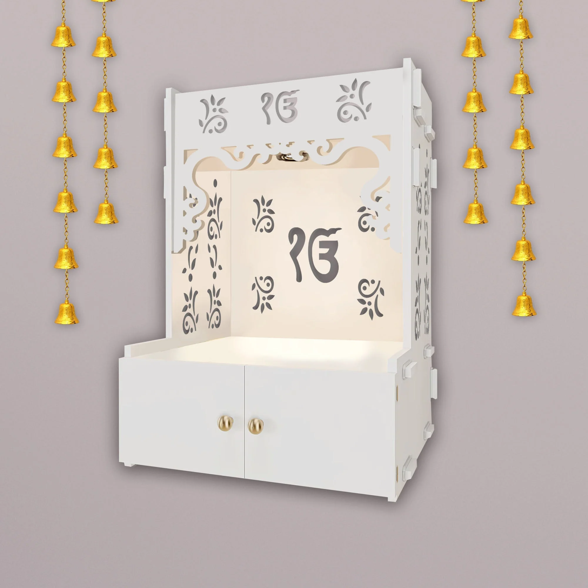 Ek-onkar Holy Symbol White Wooden Wall Temple for Home With Inbuilt focus Lights & Spacious Shelf - Image 4