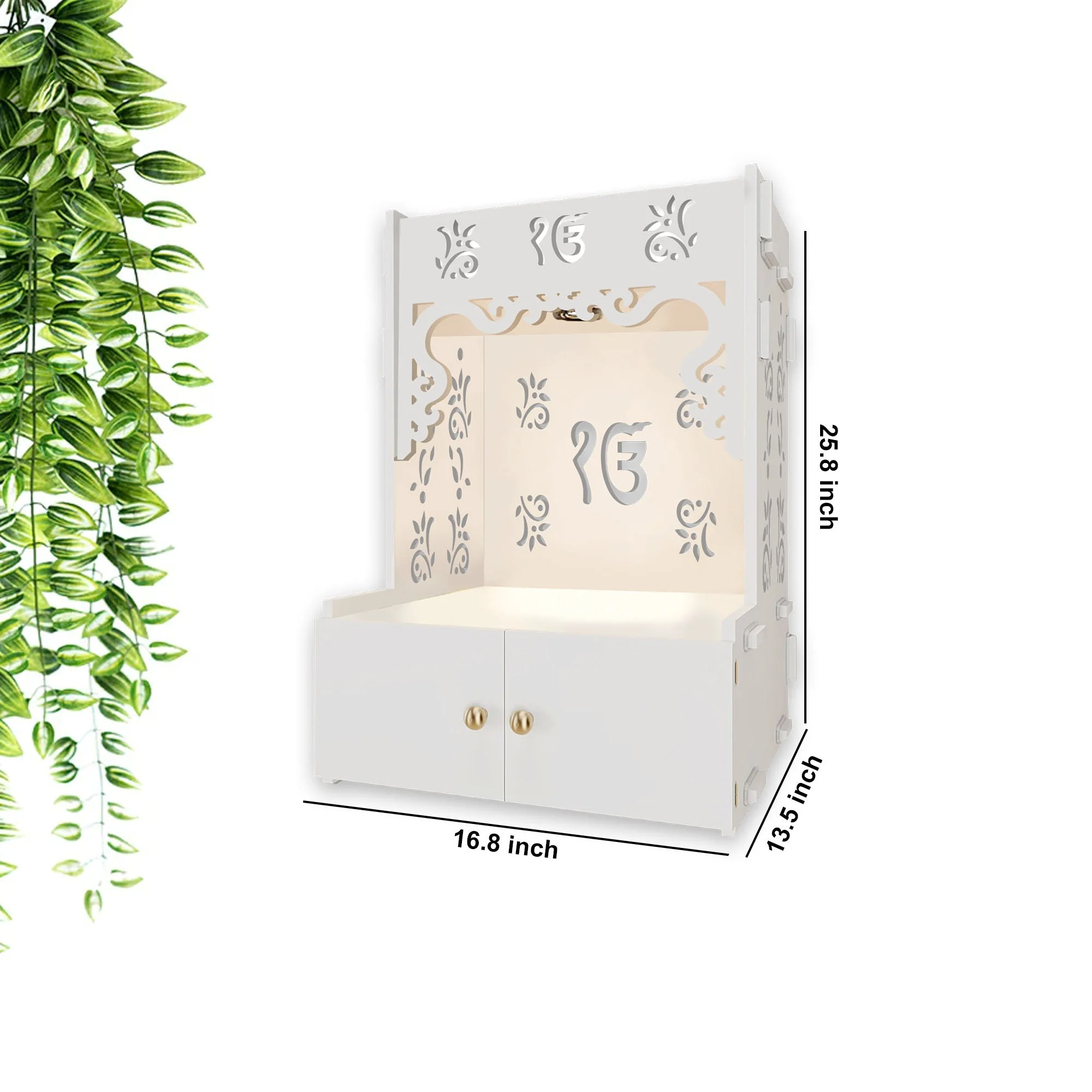 Ek-onkar Holy Symbol White Wooden Wall Temple for Home With Inbuilt focus Lights & Spacious Shelf - Image 5
