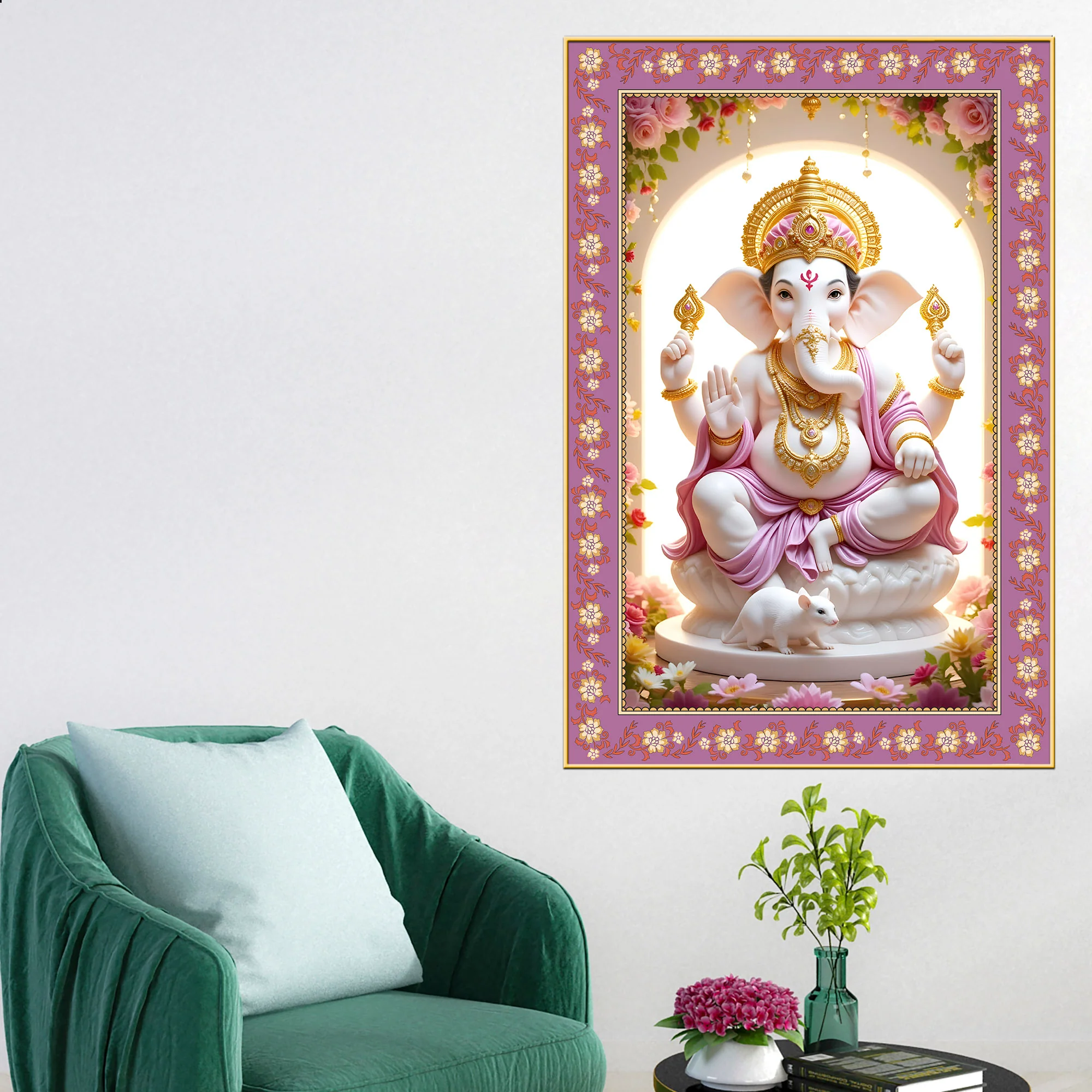 Ekadanta Ganesha Floral Border Vertical Wall Painting - Image 2