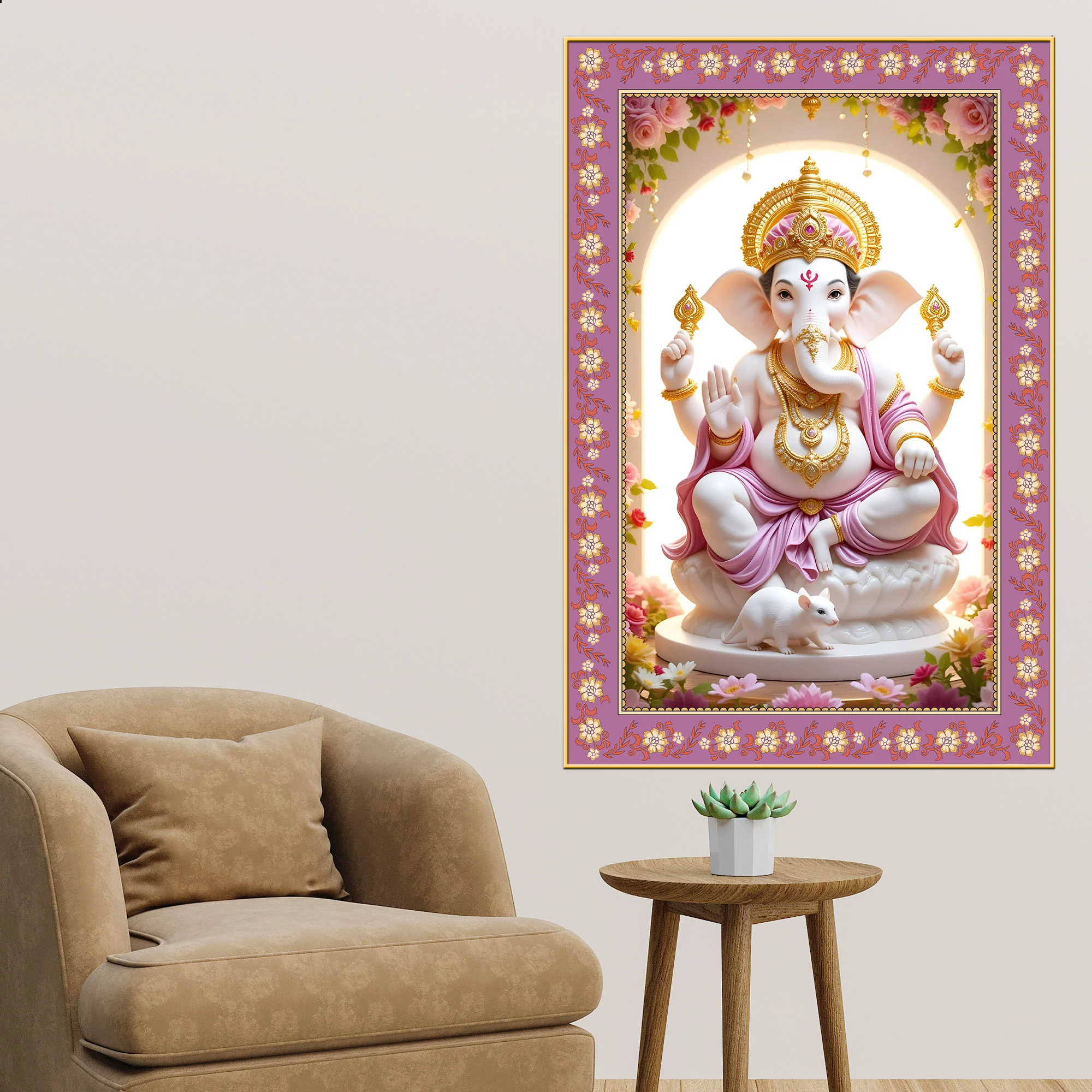 Ekadanta Ganesha Floral Border Vertical Wall Painting - Image 3