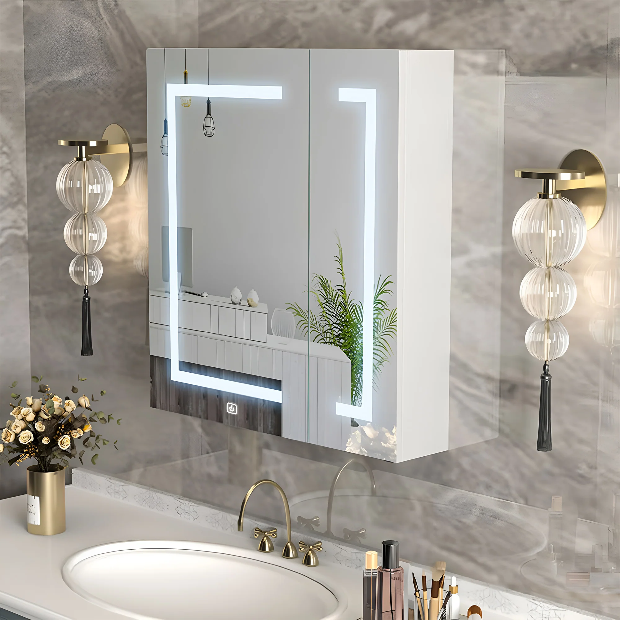 Elegant Bathroom Cabinet Mirror with Gold Accents and Dual LED Panels - Image 3