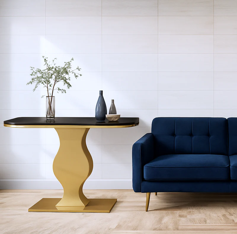 Elegant Curvy Gold Console Table with Sleek Black Marble Top - Image 4