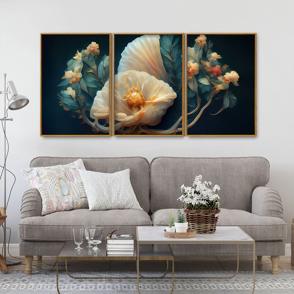 Elegant Floral Flower art Floating Canvas Wall Painting Set of Three - Image 3