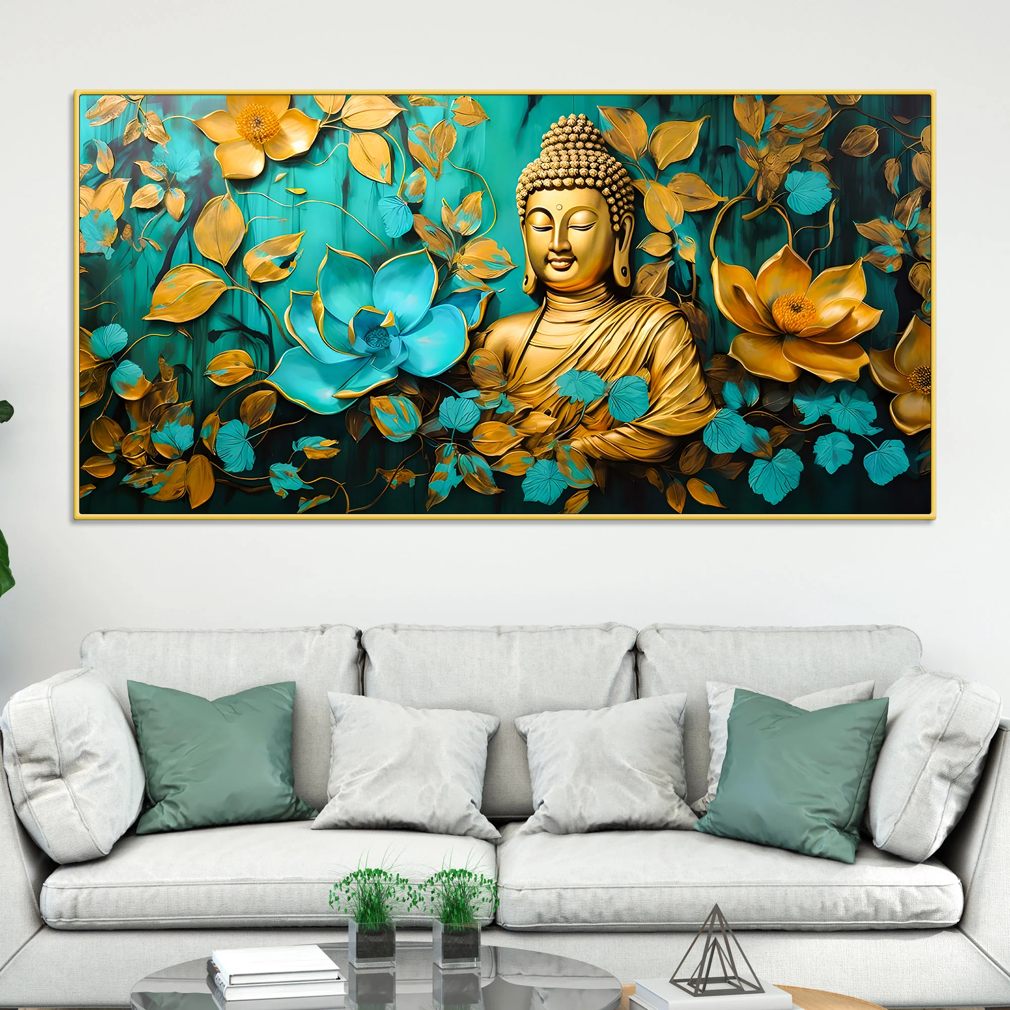 Elegant Gautam Buddha Wall Painting with Floral Nature Background - Image 2