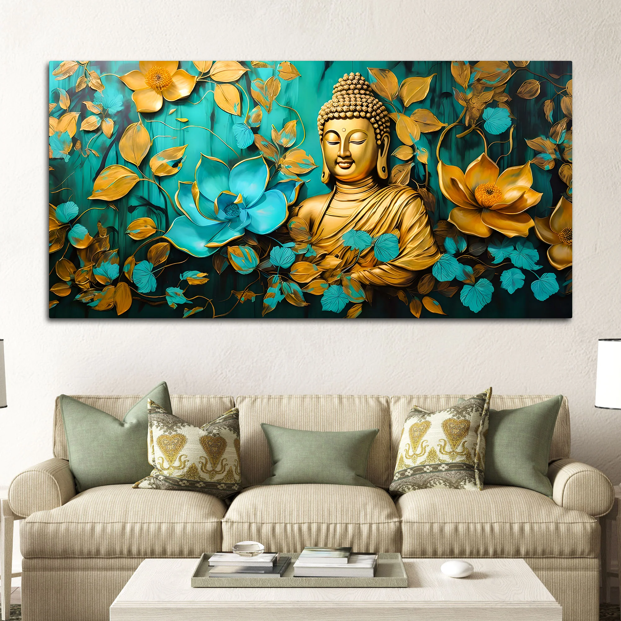 Elegant Gautam Buddha Wall Painting with Floral Nature Background - Image 3