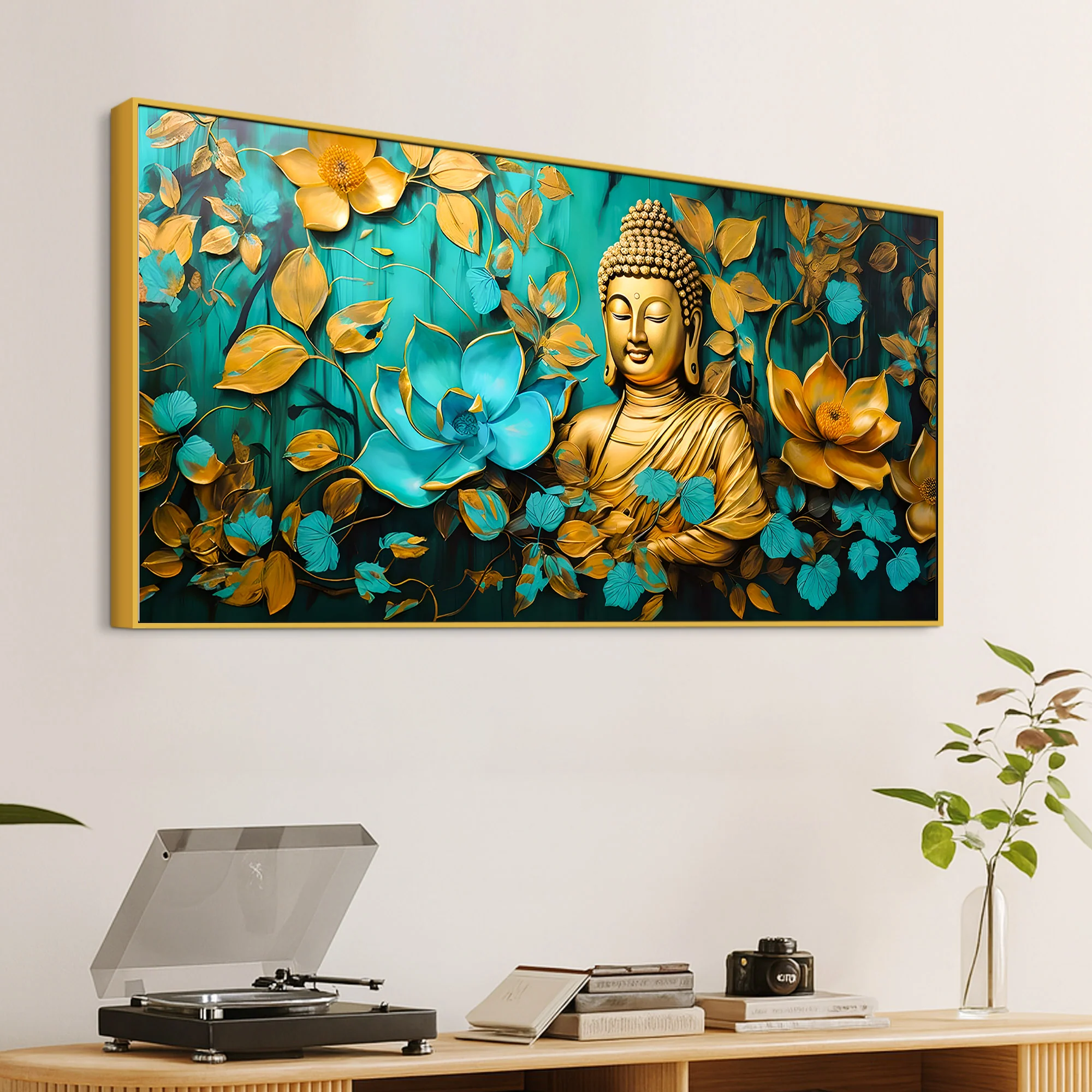 Elegant Gautam Buddha Wall Painting with Floral Nature Background - Image 5