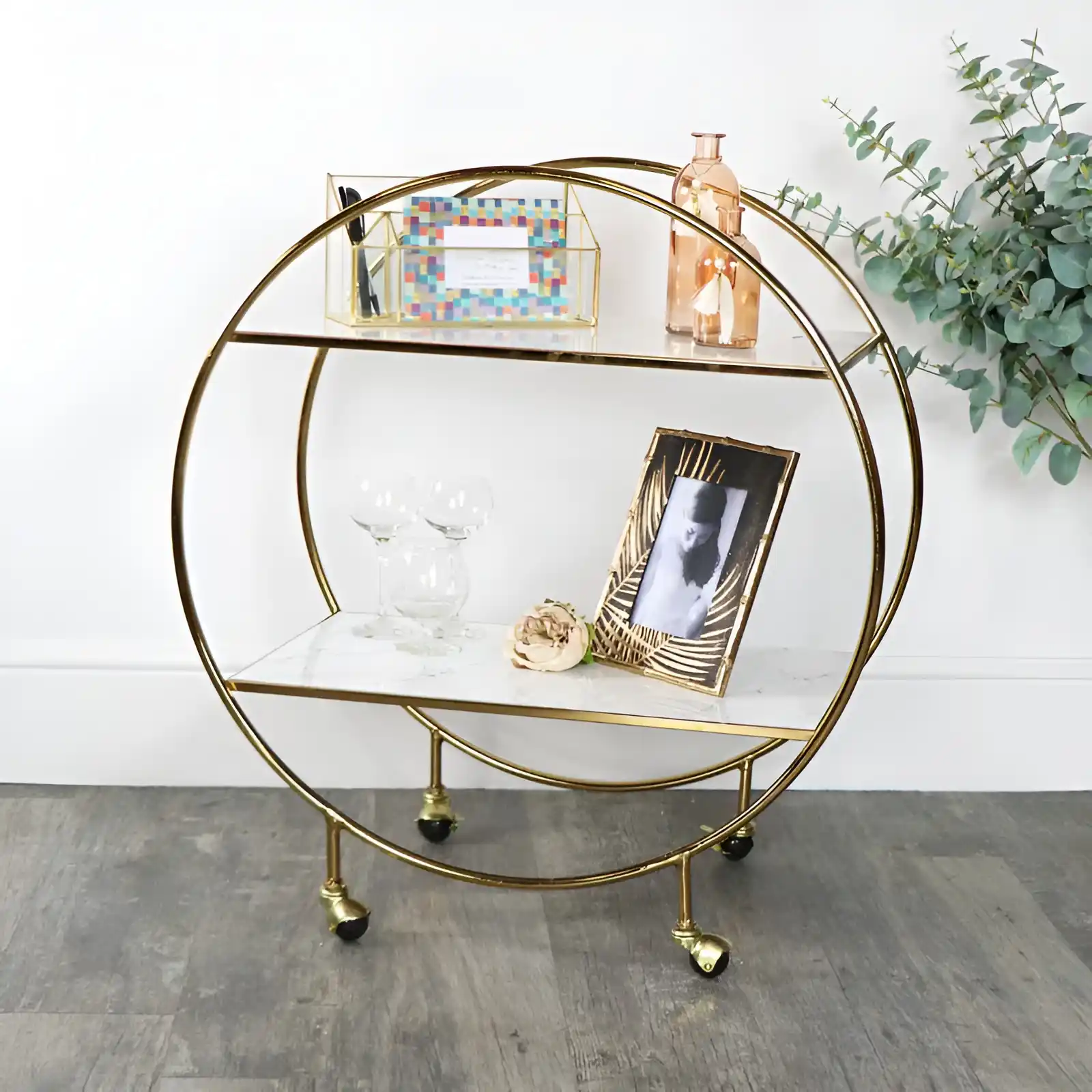 Elegant Gold & Marble Round Bar Cart Drinks Trolley - Image 2