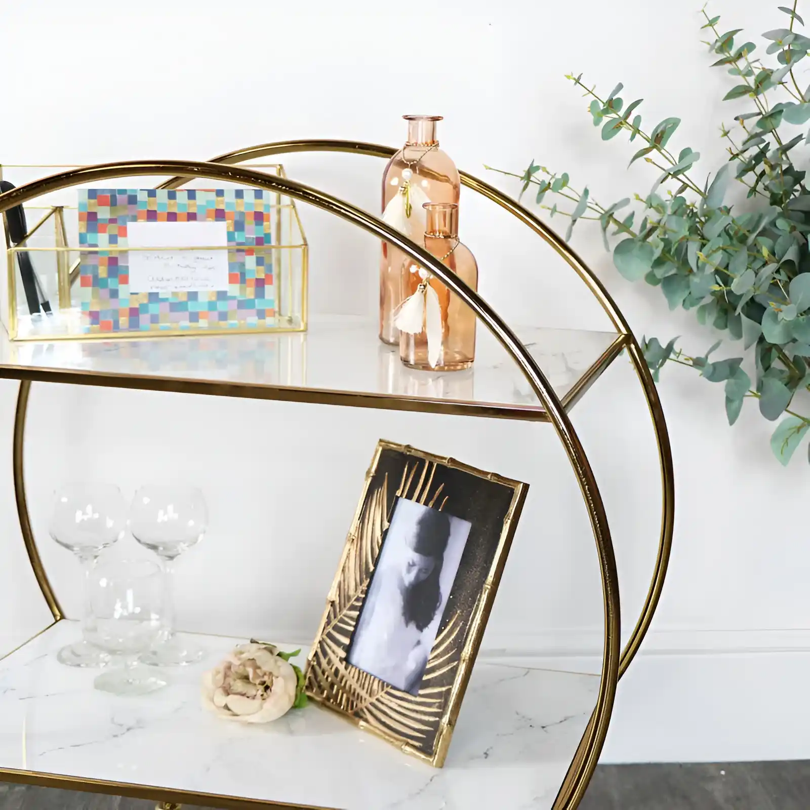 Elegant Gold & Marble Round Bar Cart Drinks Trolley - Image 3