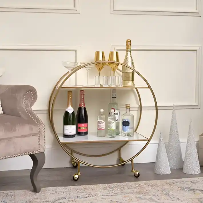 Elegant Gold & Marble Round Bar Cart Drinks Trolley - Image 4