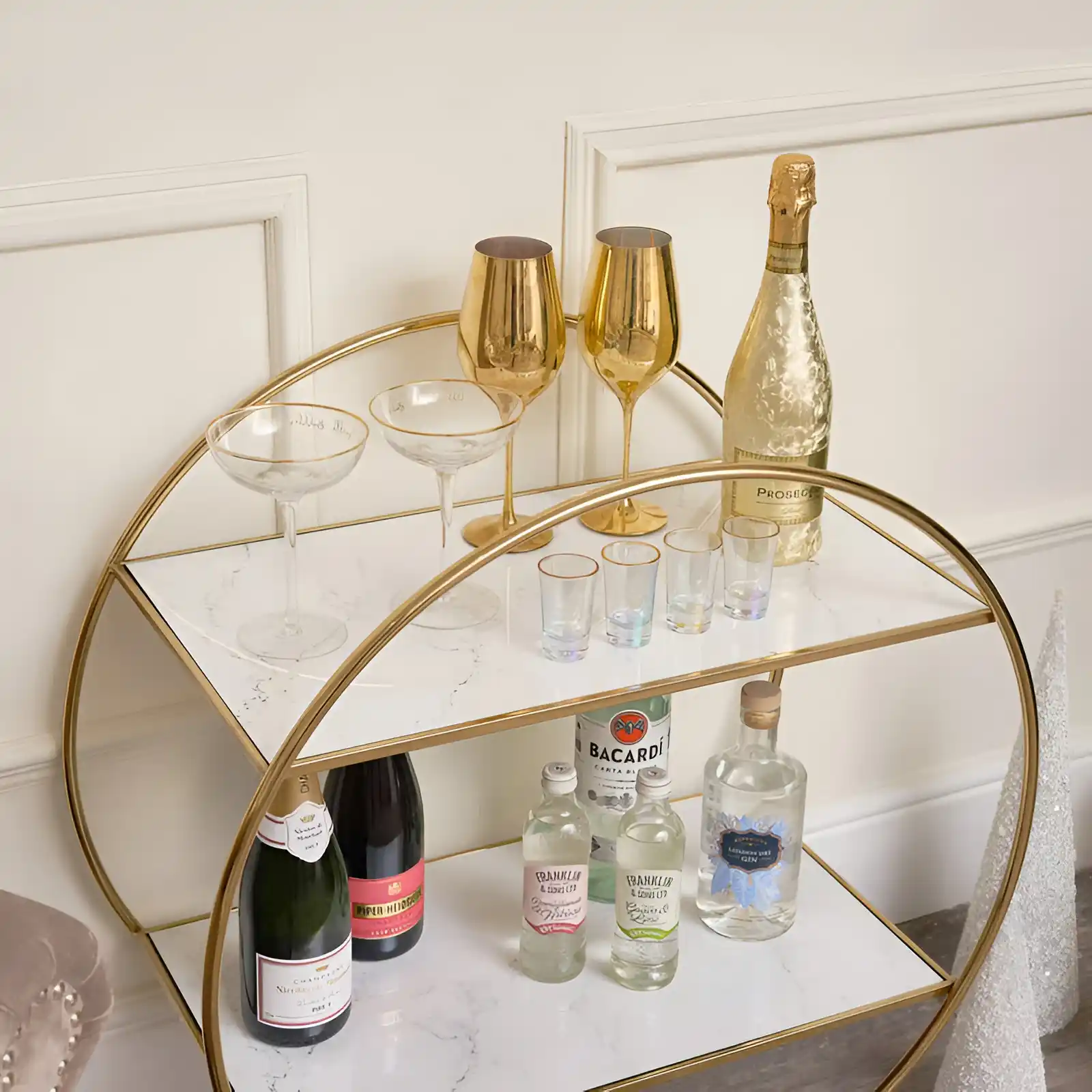 Elegant Gold & Marble Round Bar Cart Drinks Trolley - Image 5