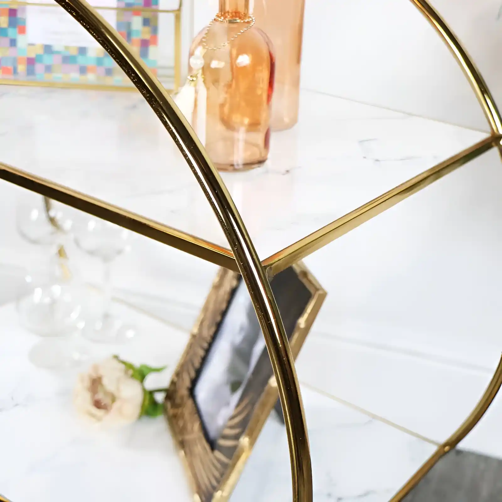 Elegant Gold & Marble Round Bar Cart Drinks Trolley - Image 6