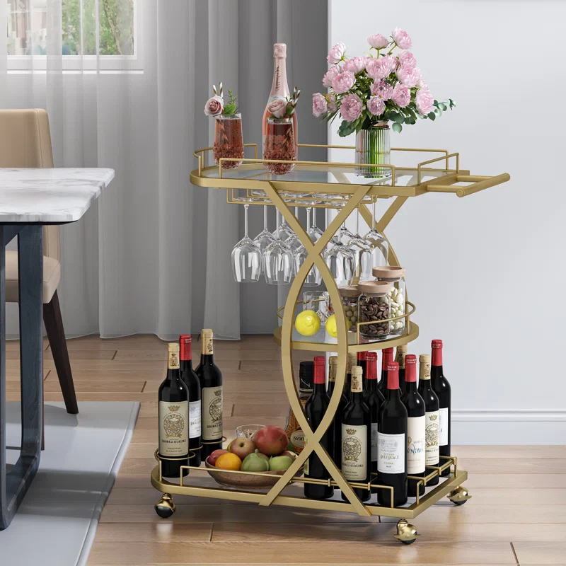Elegant Gold Metal Bar Cart with Artistic Arched Detailing - Image 3