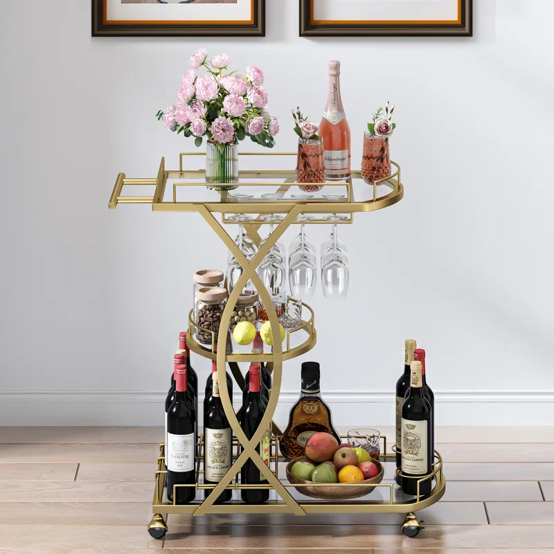 Elegant Gold Metal Bar Cart with Artistic Arched Detailing - Image 4