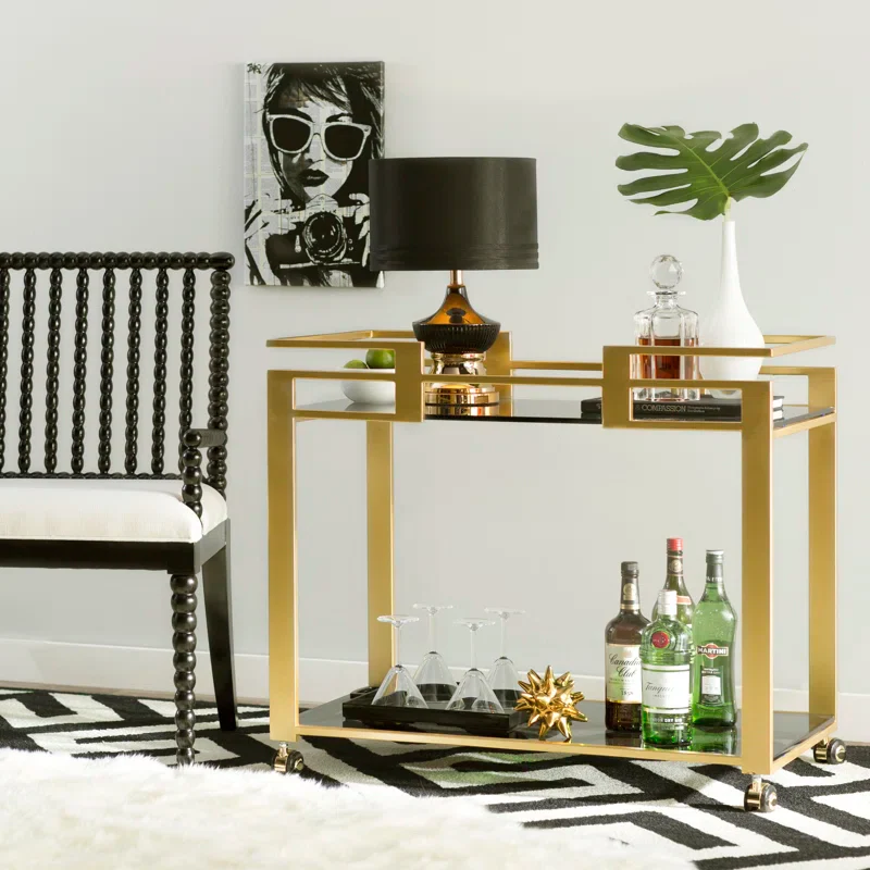 Elegant Golden Bar Trolley with Dual Shelf Design - Image 2
