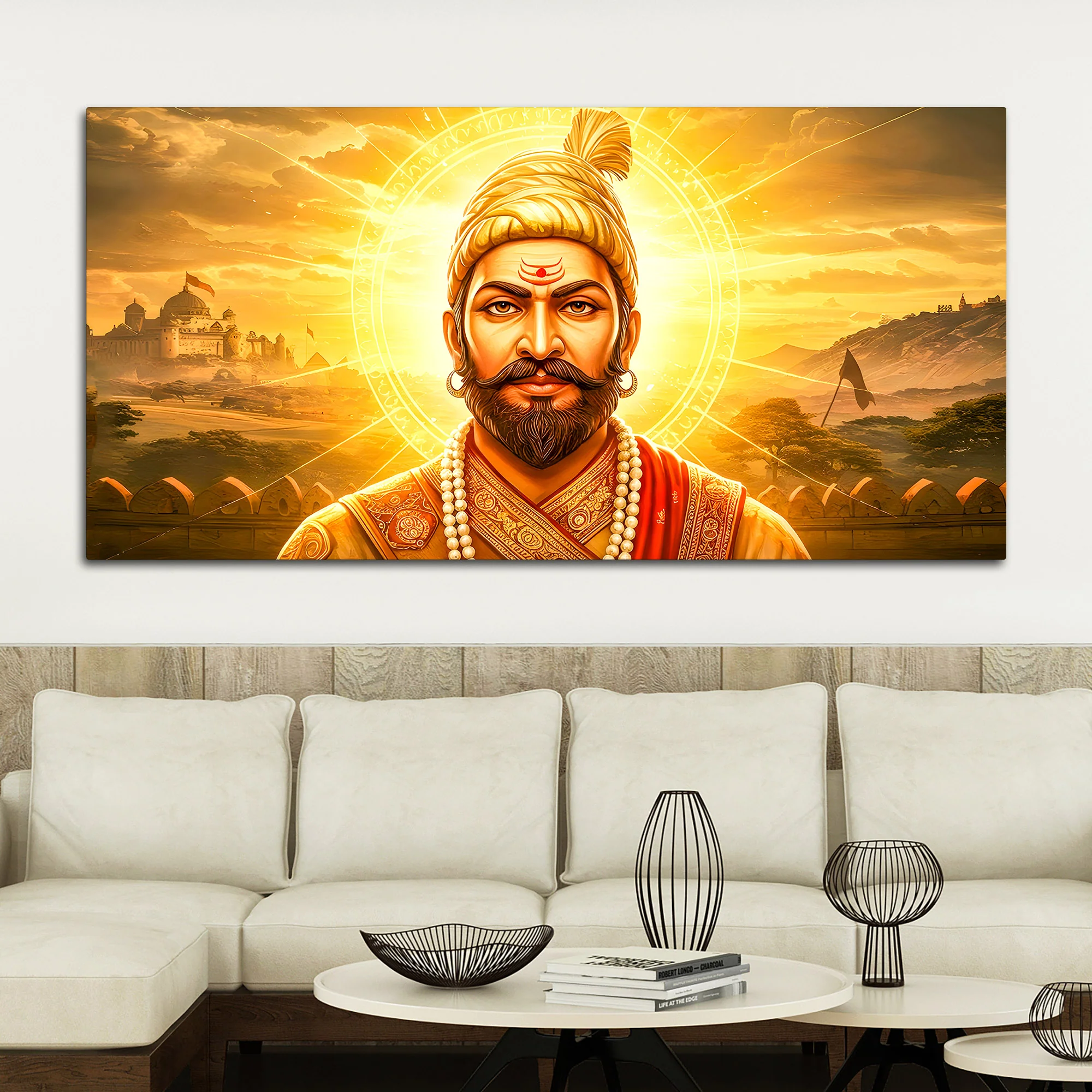Elegant Indian Royal Warrior Shivaji Maharaj Canvas Painting - Image 3