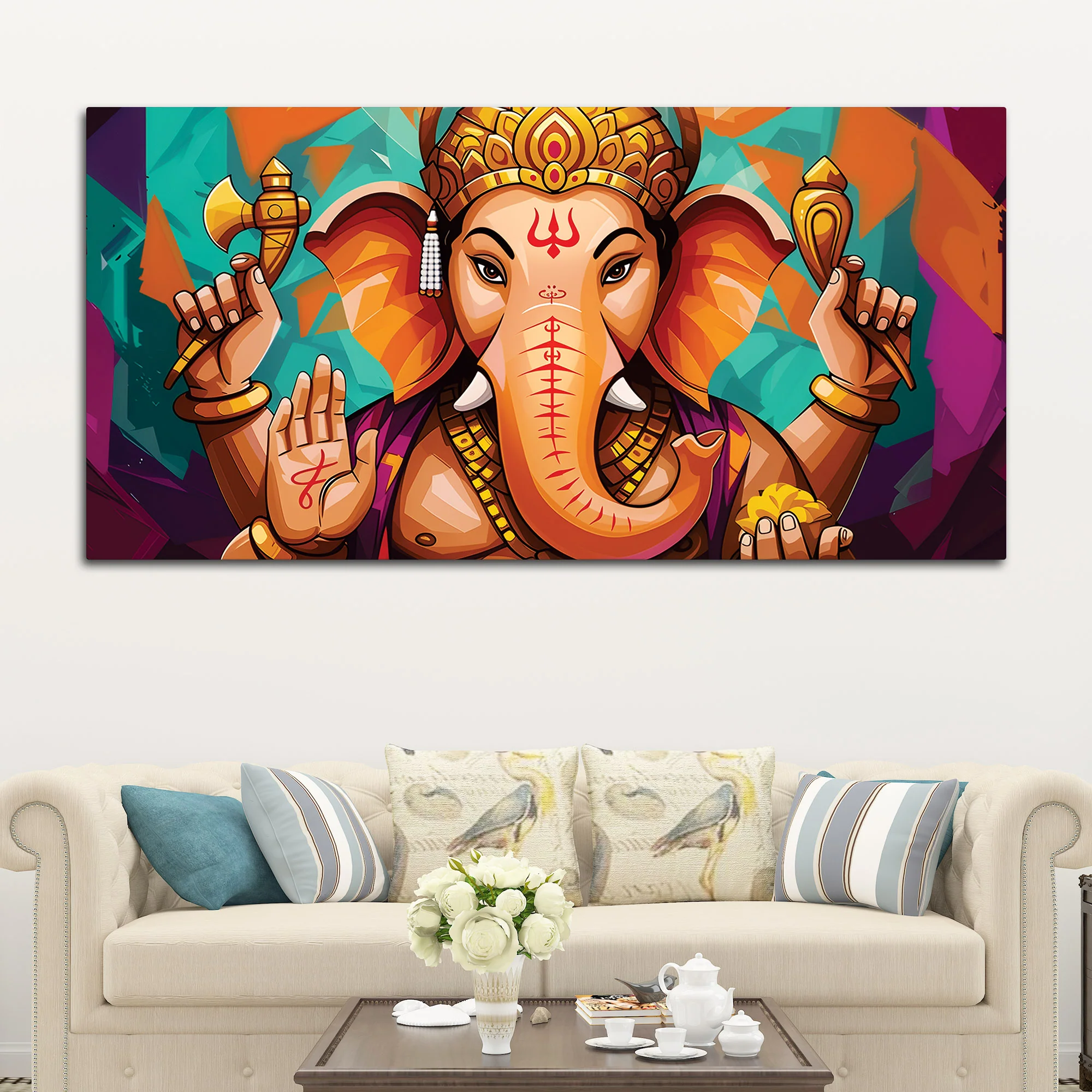 Elegant Lord Shri Ganesha Abstract Colorful Canvas Wall Painting – Contemporary Indian Spiritual Wall Art - Image 2