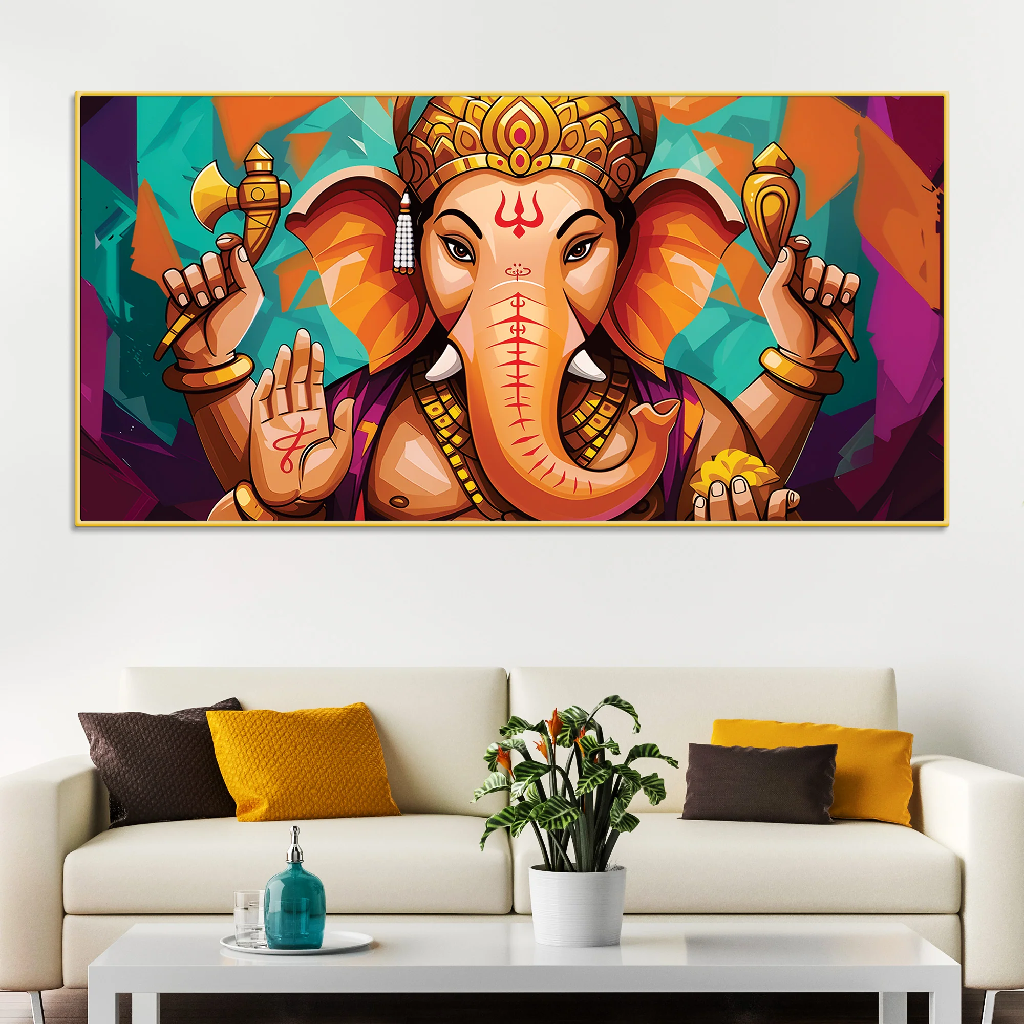 Elegant Lord Shri Ganesha Abstract Colorful Canvas Wall Painting – Contemporary Indian Spiritual Wall Art - Image 3
