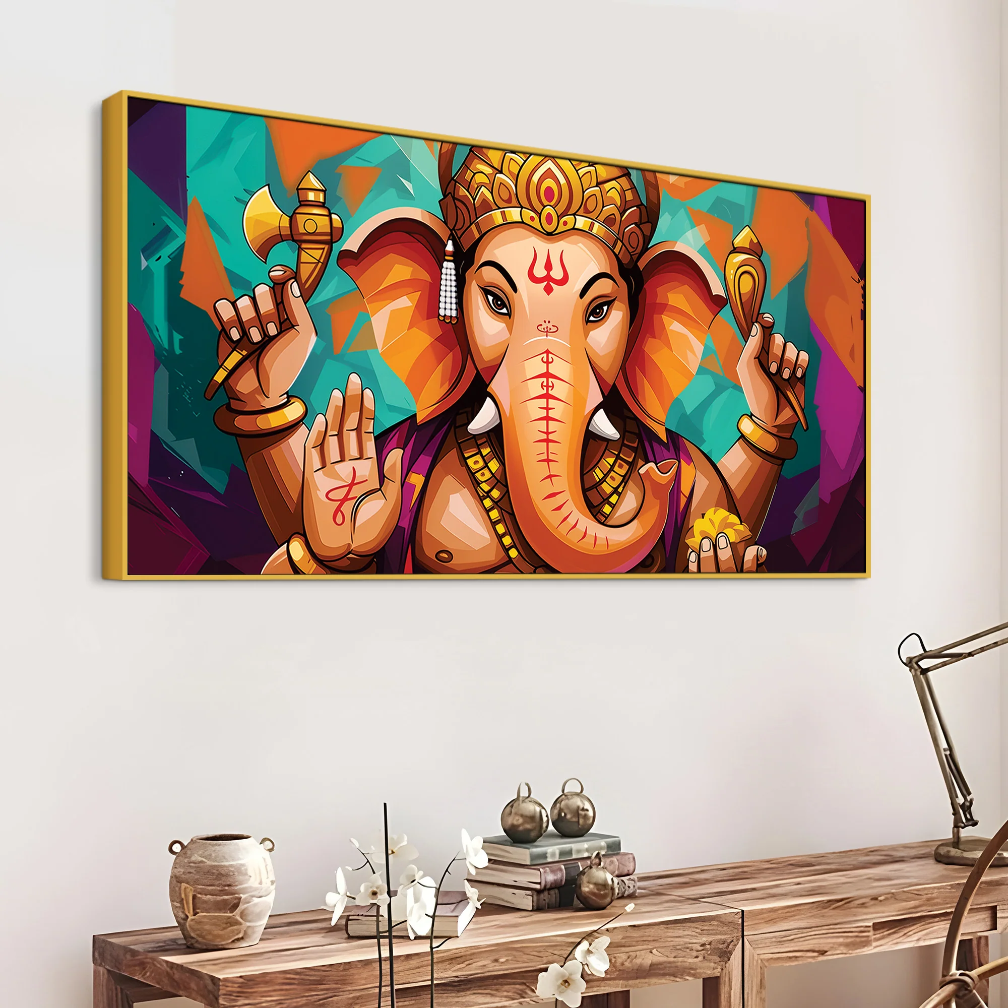 Elegant Lord Shri Ganesha Abstract Colorful Canvas Wall Painting – Contemporary Indian Spiritual Wall Art - Image 4