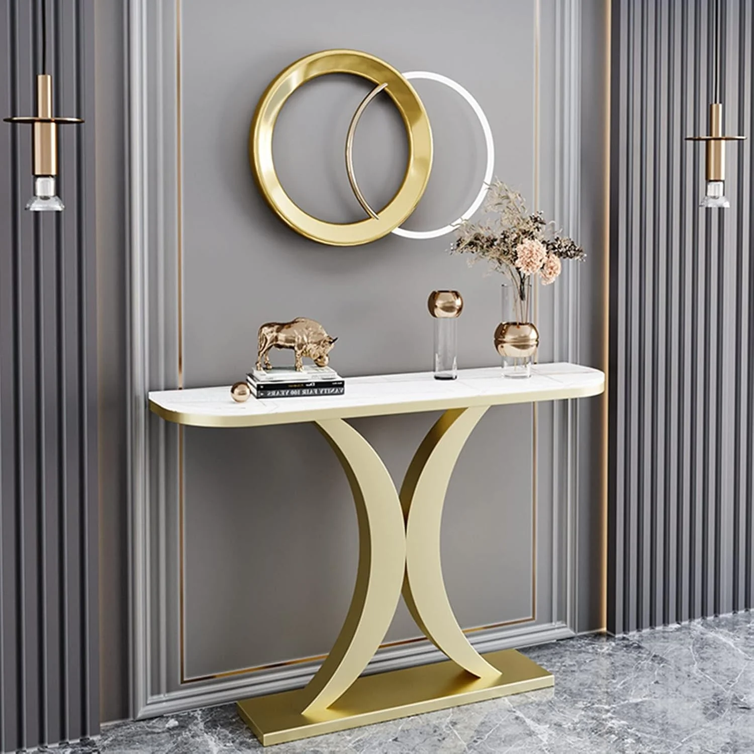 Elegant Marble Console Table with Curved Gold Metal Base - Image 3