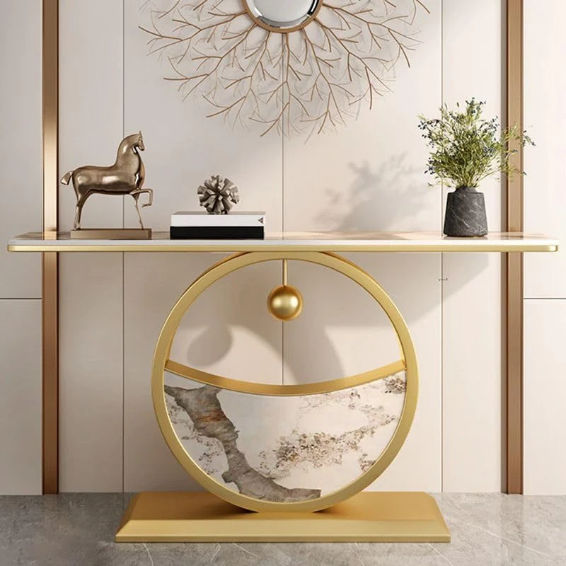 Elegant Marble Console Table with Gold Circular Base and Hanging Ball - Image 2