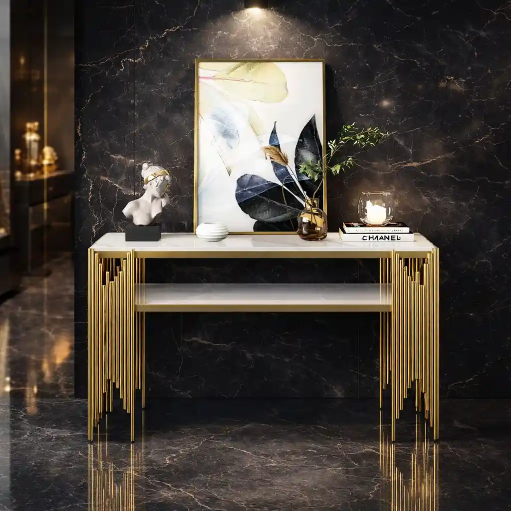 Elegant Marble Console Table with Metallic Gold Fringe Base - Image 2