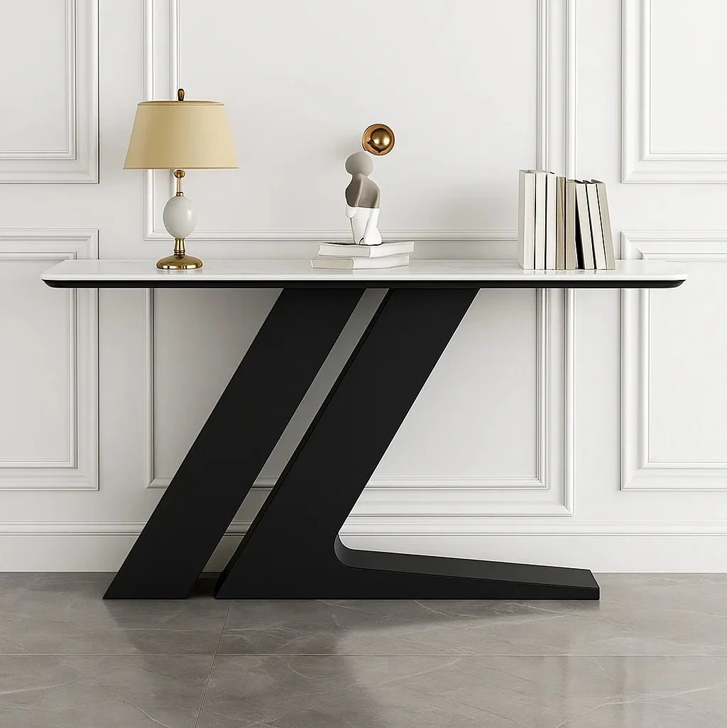 Elegant Marble Console Table with Unique Black Geometric Base - Image 3