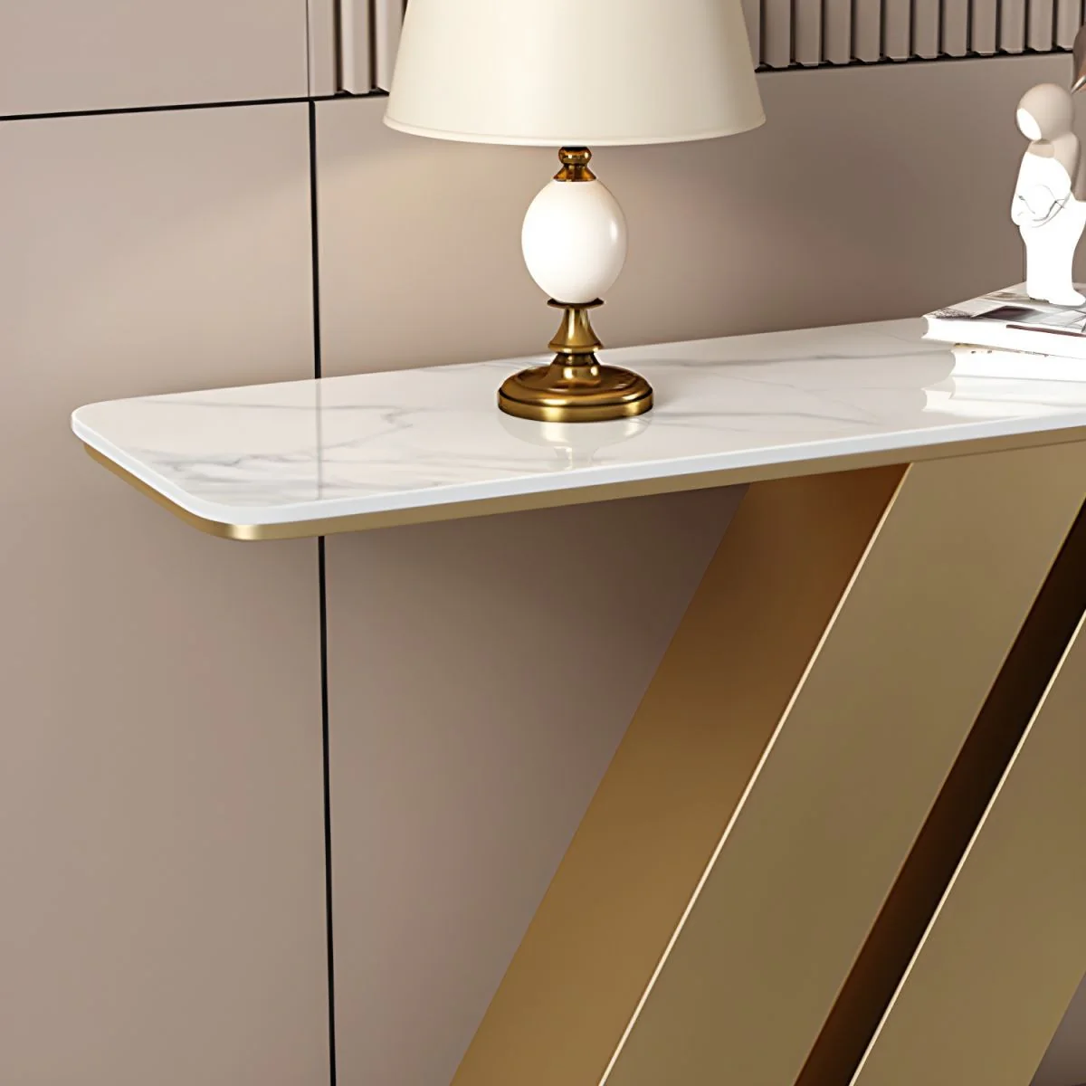 Elegant Marble Console Table with Unique Gold Geometric Base - Image 2