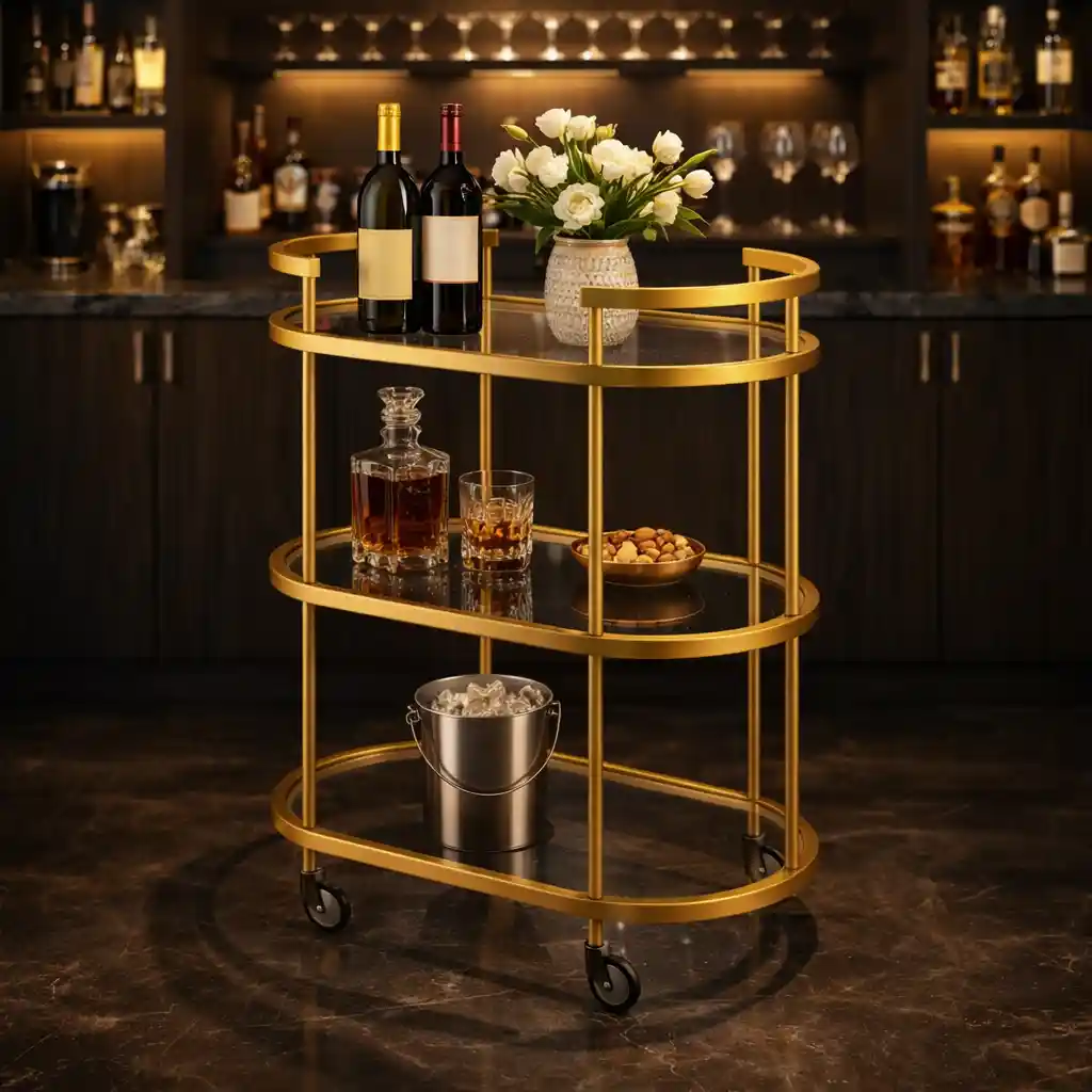 Elegant Modern Bar Cart Trolley with Golden Steel Frame - Image 2