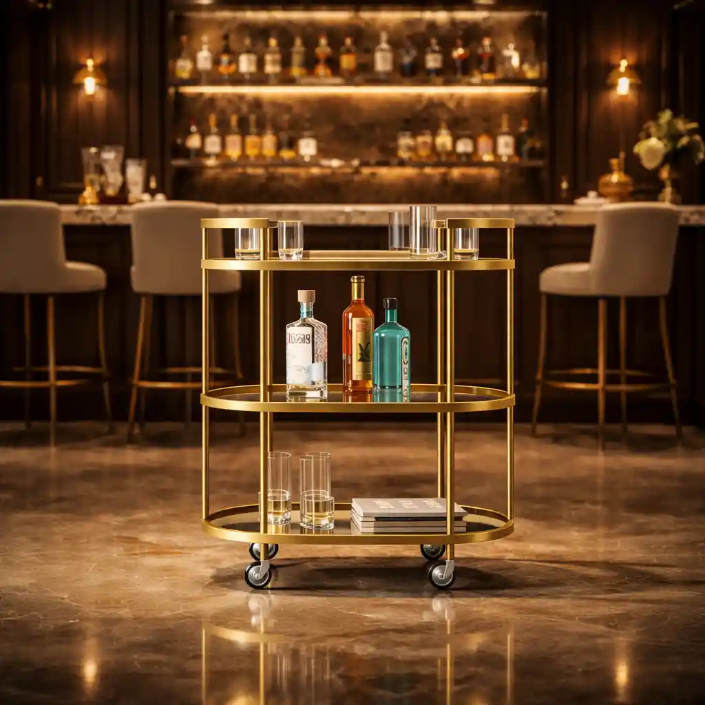 Elegant Modern Bar Cart Trolley with Golden Steel Frame - Image 3