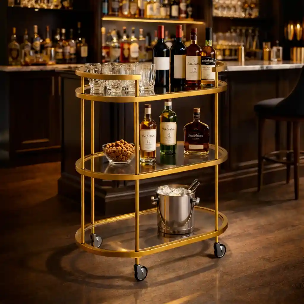 Elegant Modern Bar Cart Trolley with Golden Steel Frame - Image 4