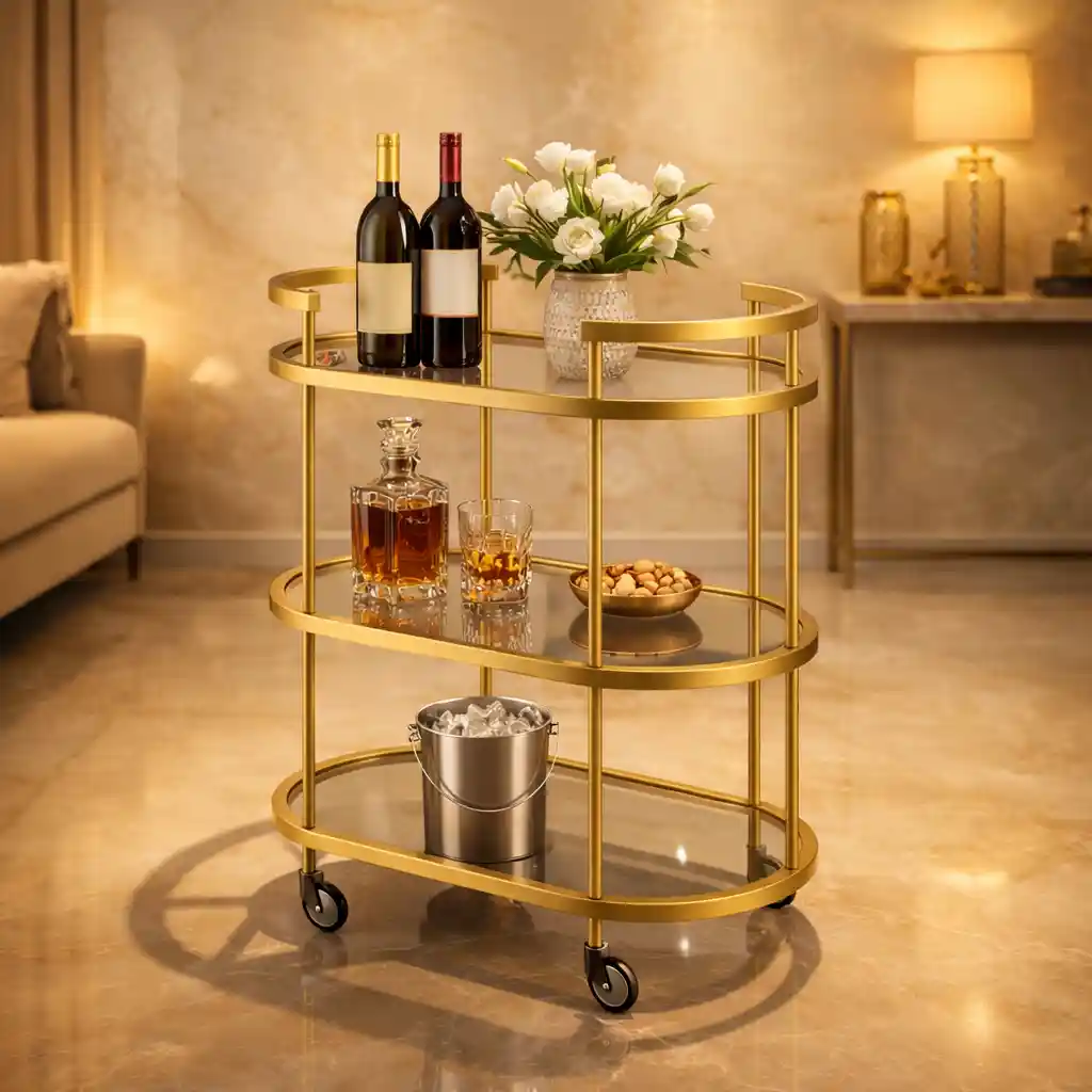 Elegant Modern Bar Cart Trolley with Golden Steel Frame - Image 5