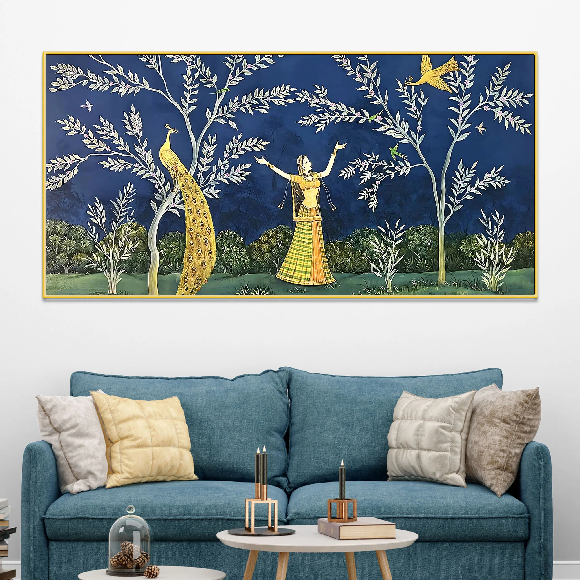 Elegant Peacock and Dancing Maiden Canvas Wall Painting - Image 2