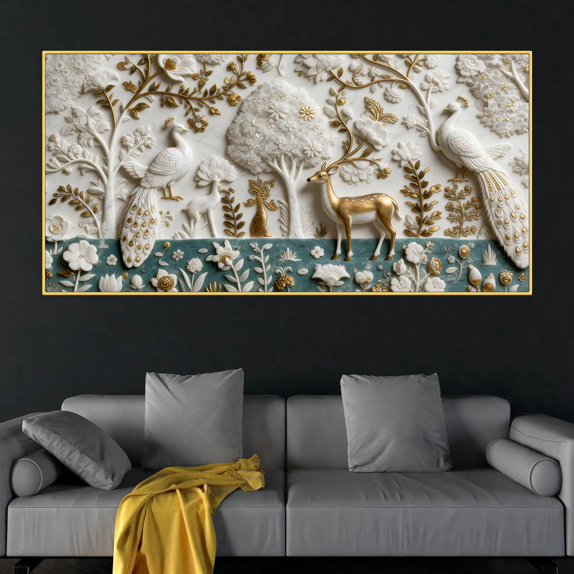 Elegant Peacock and Deer Garden Marble Effect 3D Textured Canvas Wall Painting - Image 3