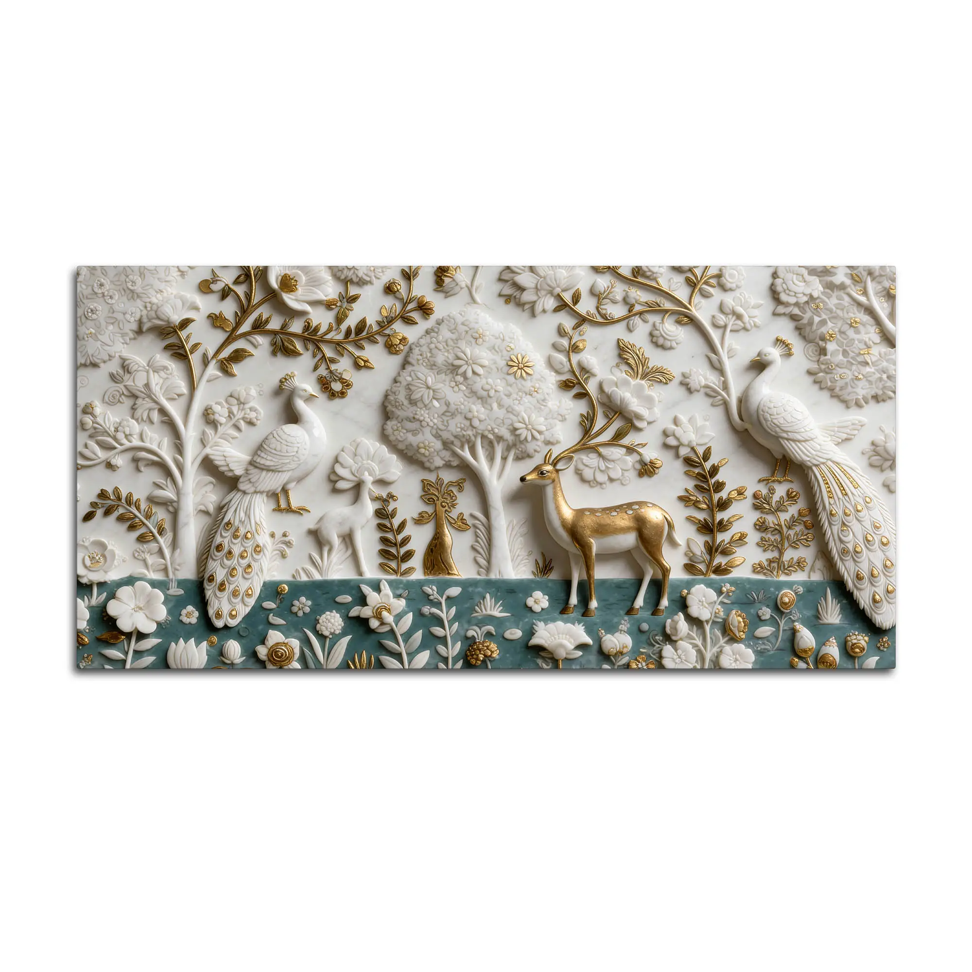 Elegant Peacock and Deer Garden Marble Effect 3D Textured Canvas Wall Painting - Image 4
