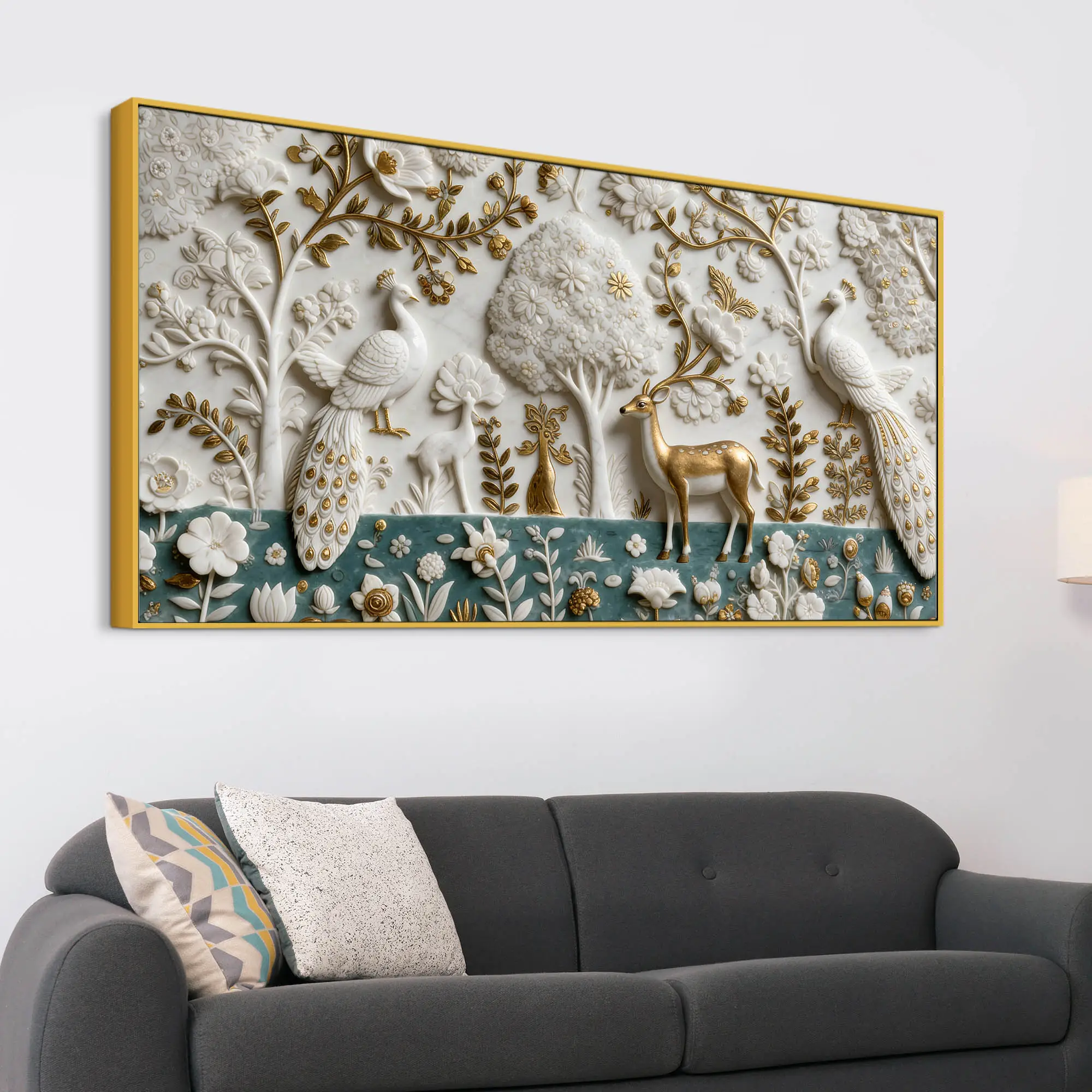 Elegant Peacock and Deer Garden Marble Effect 3D Textured Canvas Wall Painting - Image 5