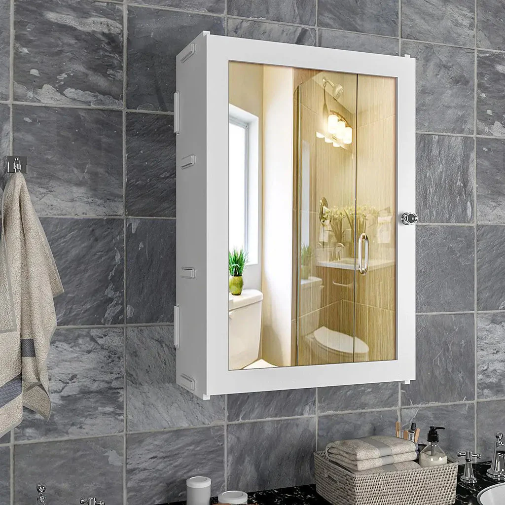 Elegant Structured Wooden Bathroom Cabinet Mirror with 7 Spacious Shelves with Solid White Finish - Image 2