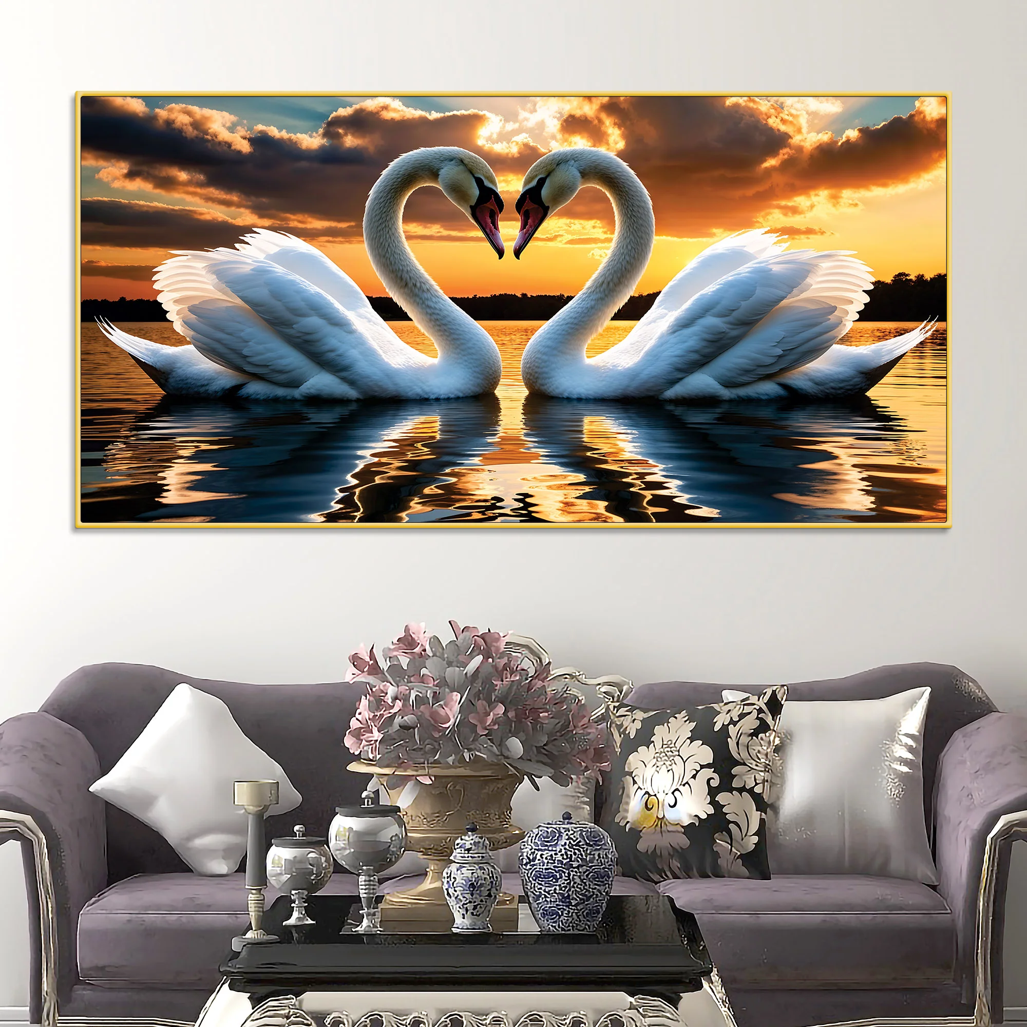 Elegant Swan Couple Wall Painting for Luxury Home Décor