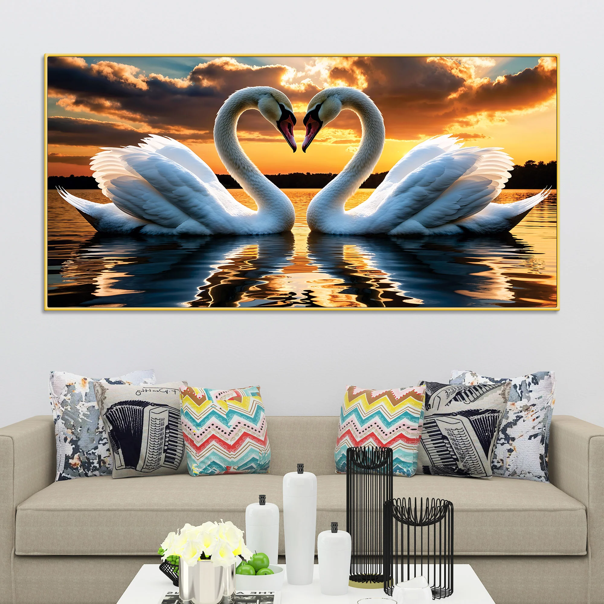 Elegant Swan Couple Wall Painting for Luxury Home Décor - Image 2