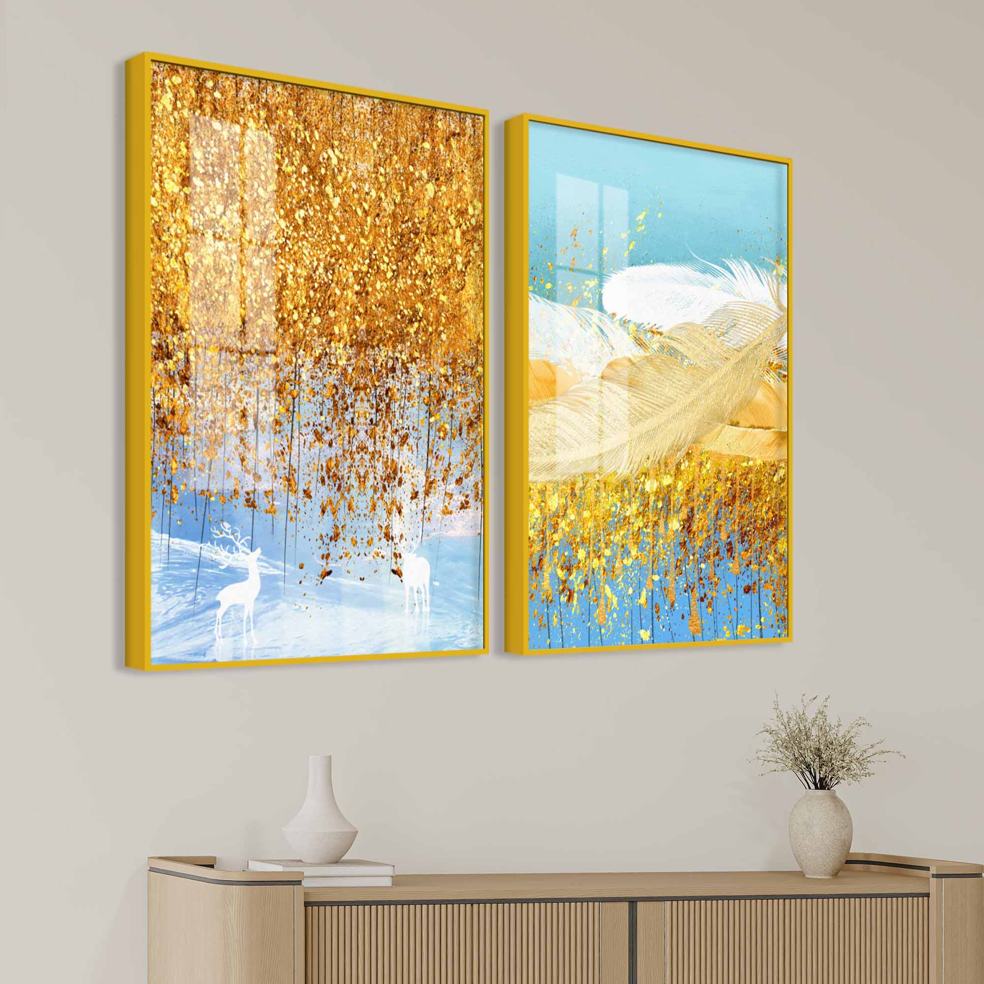 Elegant White Deer and Golden Feather Premium Acrylic Floating Wall Painting Set of 2 - Image 3