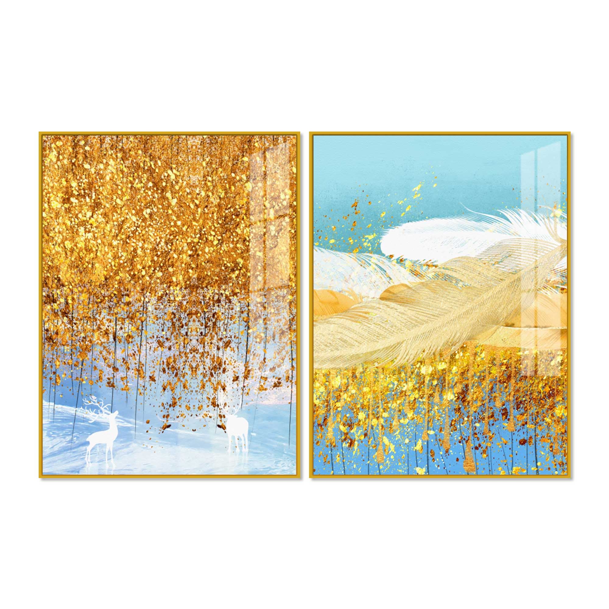 Elegant White Deer and Golden Feather Premium Acrylic Floating Wall Painting Set of 2 - Image 4