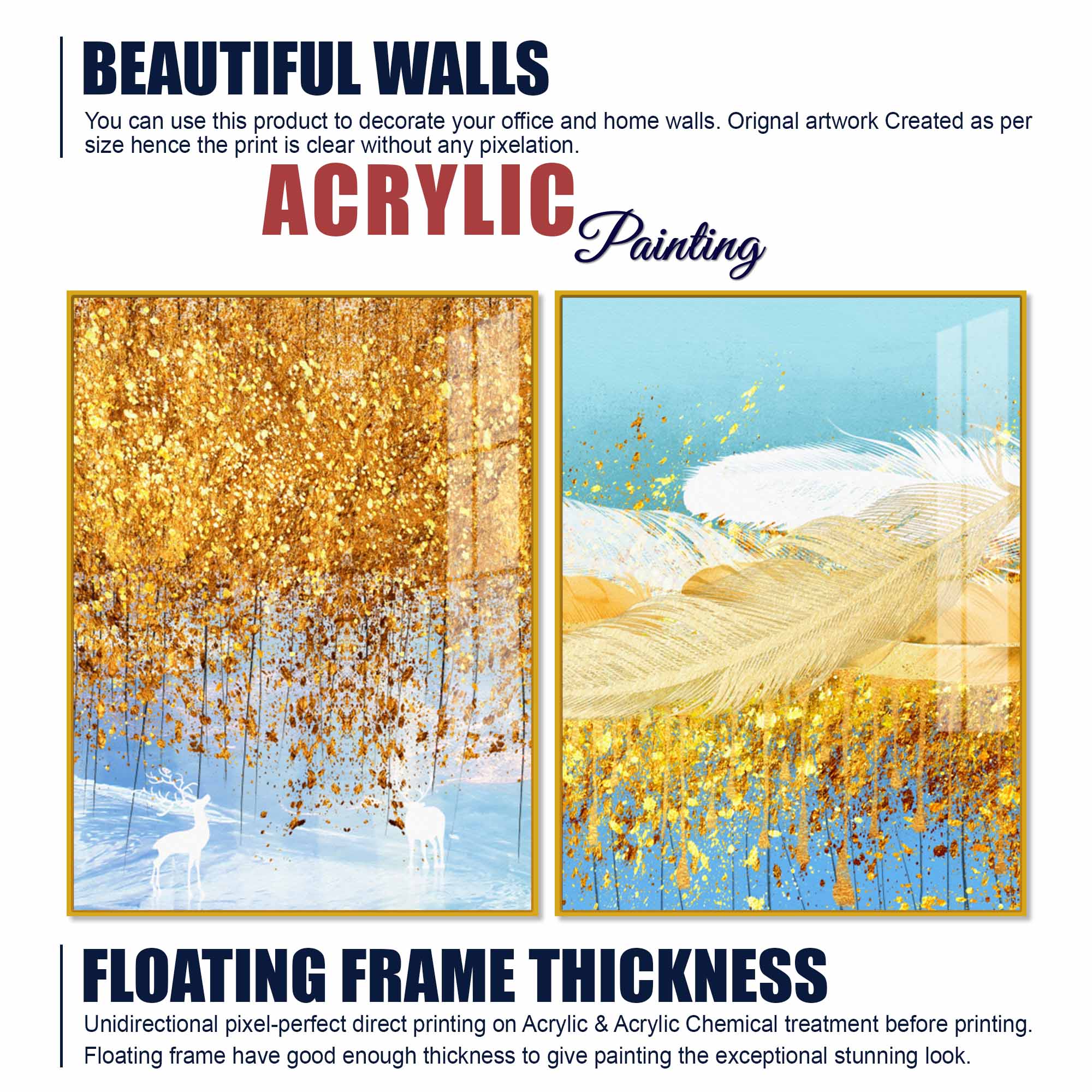 Elegant White Deer and Golden Feather Premium Acrylic Floating Wall Painting Set of 2 - Image 6