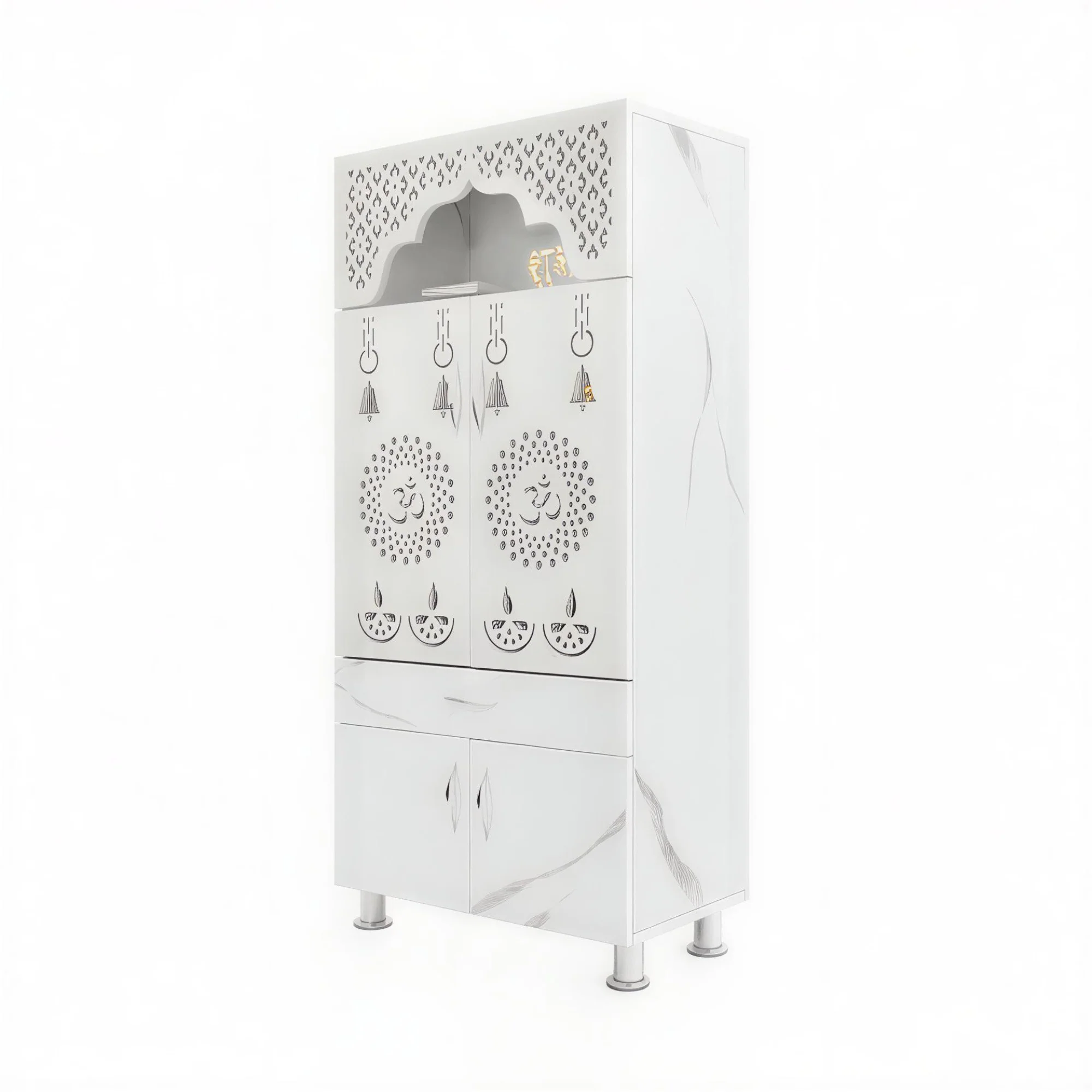 Elegant White Marble Finish Wooden Temple with LED OM Back Panel & Spacious Storage for Home & Office - Image 6