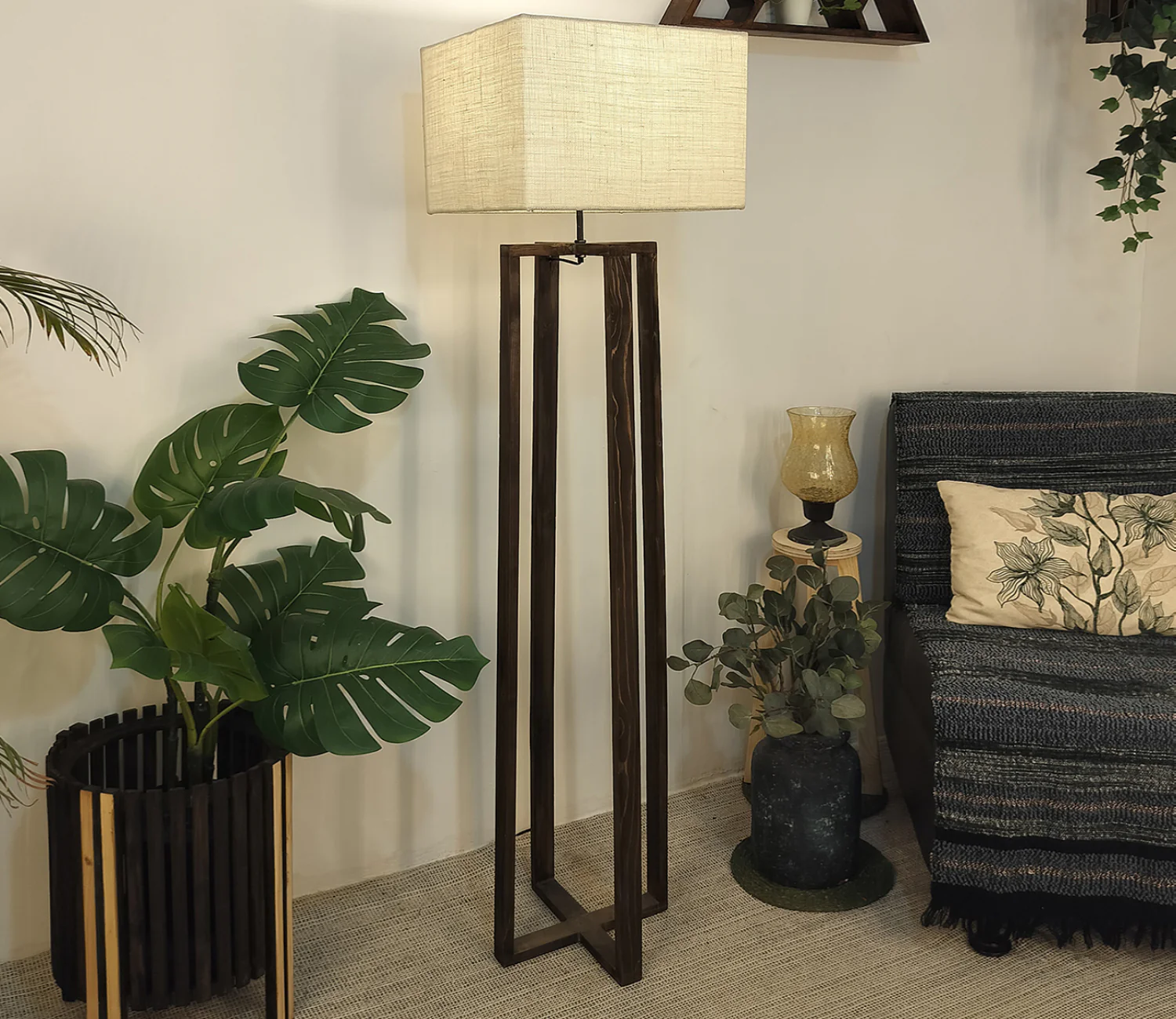 Elegant Wooden Floor Lamp with Brown Base and Beige Color Fabric - Image 2