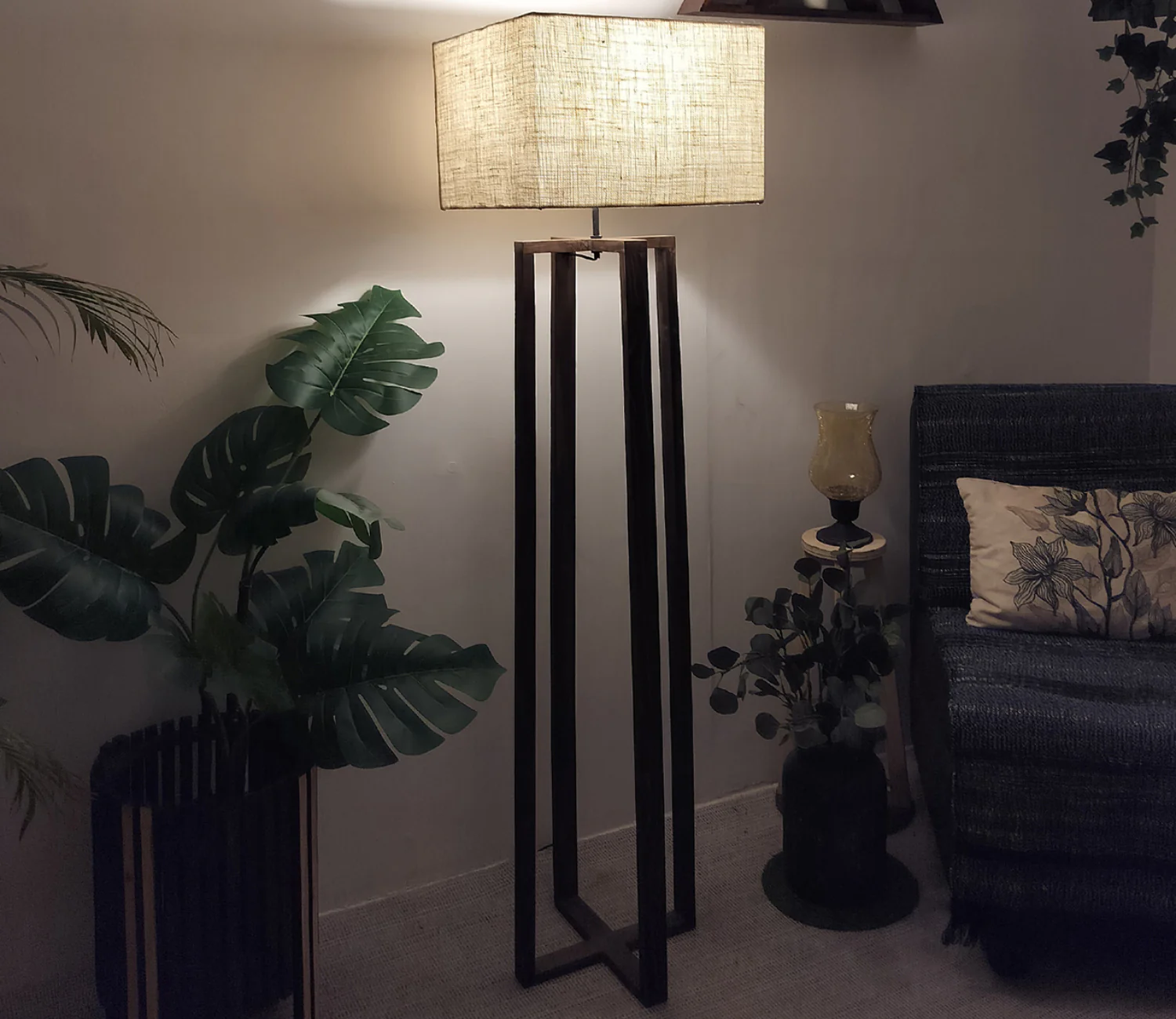 Elegant Wooden Floor Lamp with Brown Base and Beige Color Fabric - Image 3