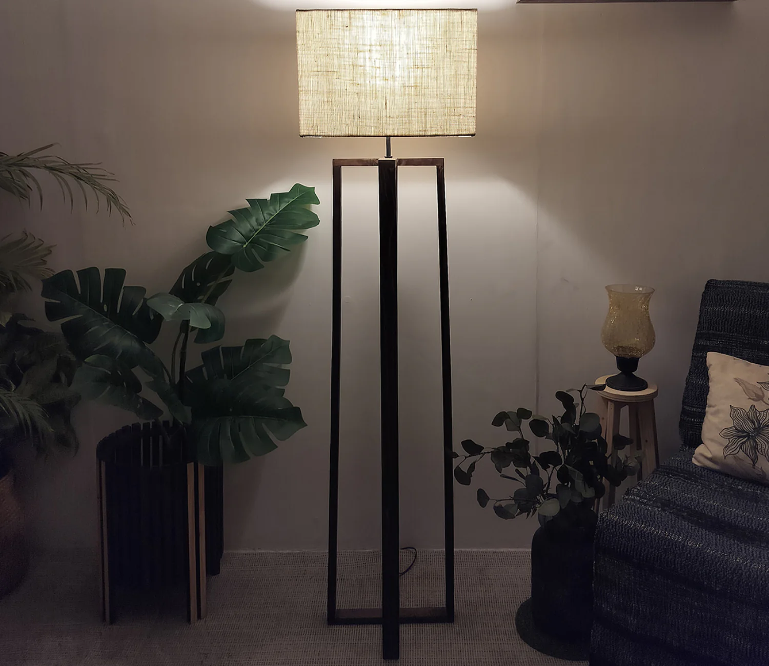 Elegant Wooden Floor Lamp with Brown Base and Beige Color Fabric - Image 4