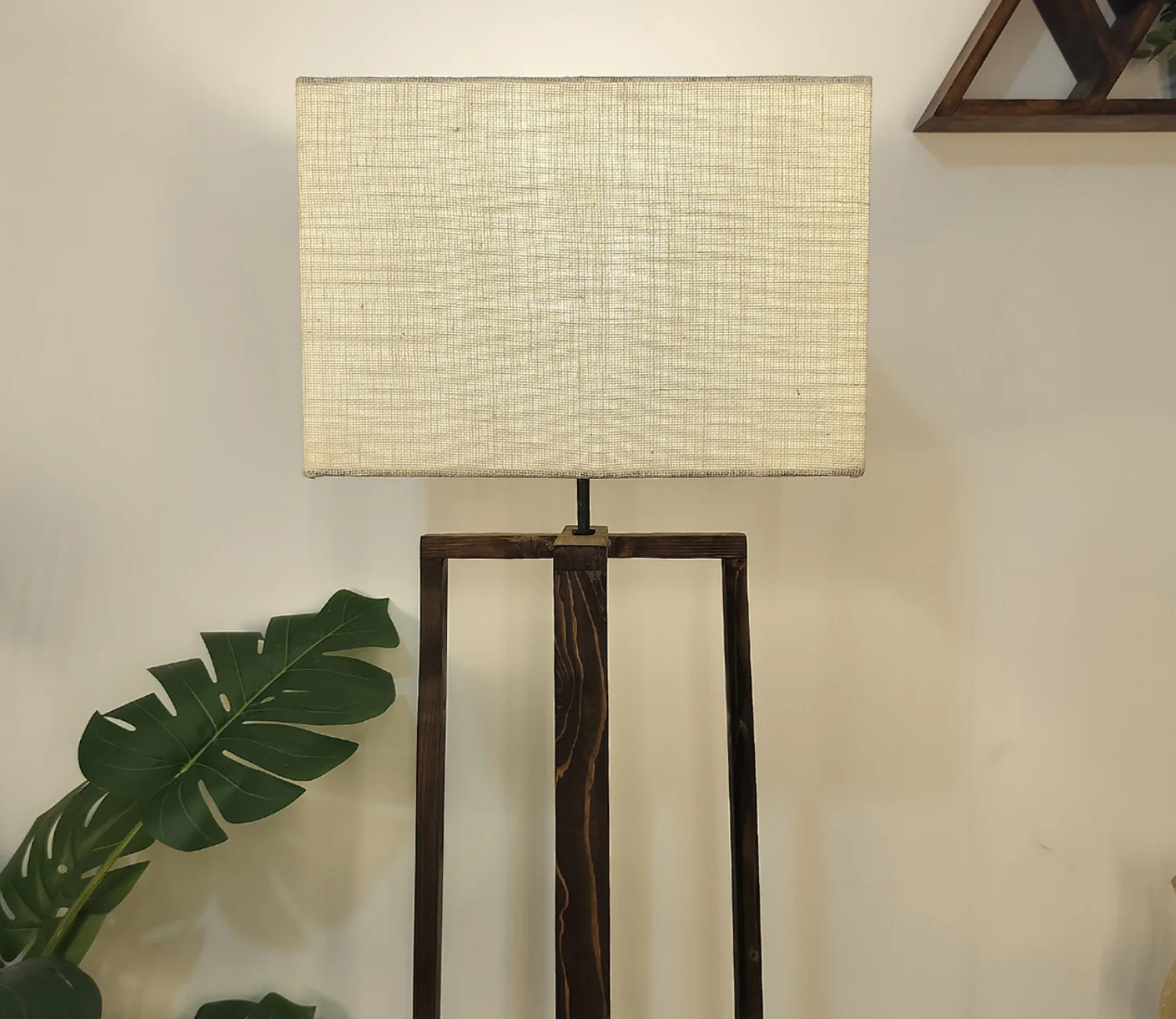 Elegant Wooden Floor Lamp with Brown Base and Beige Color Fabric - Image 5