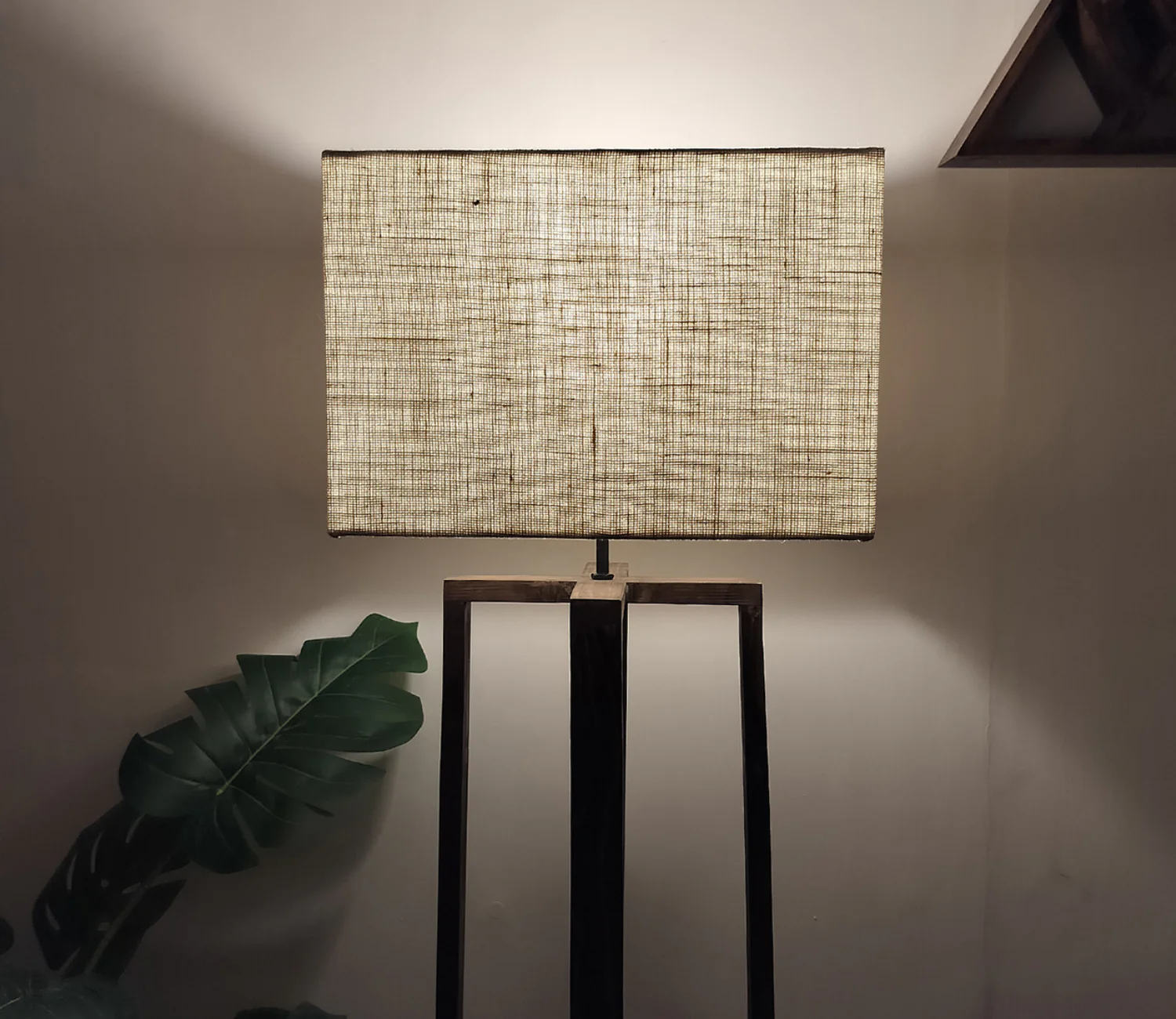 Elegant Wooden Floor Lamp with Brown Base and Beige Color Fabric - Image 6