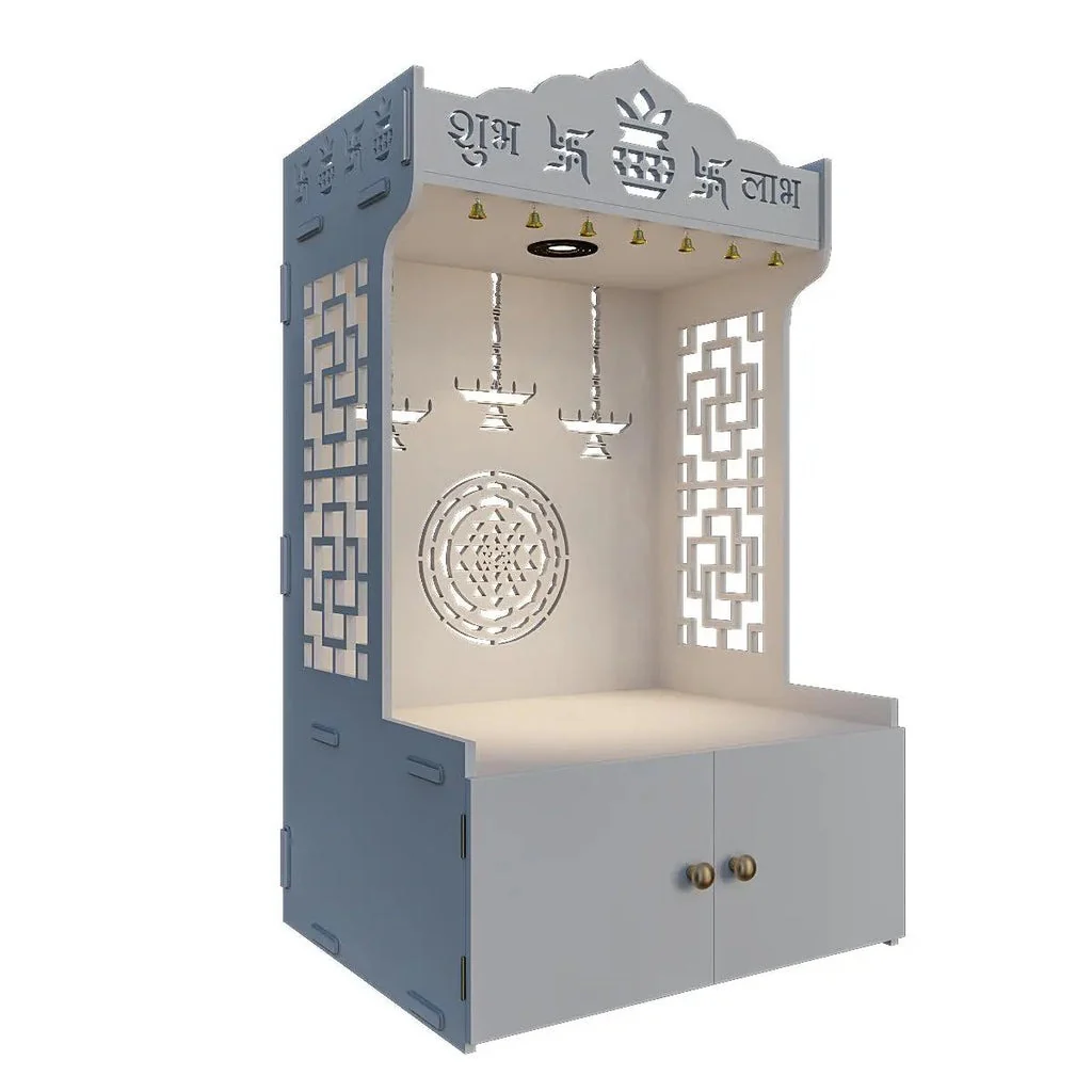 Elegant Wooden Floor Pooja Mandir with Laser-Cut Design with Storage Cabinet - Image 4