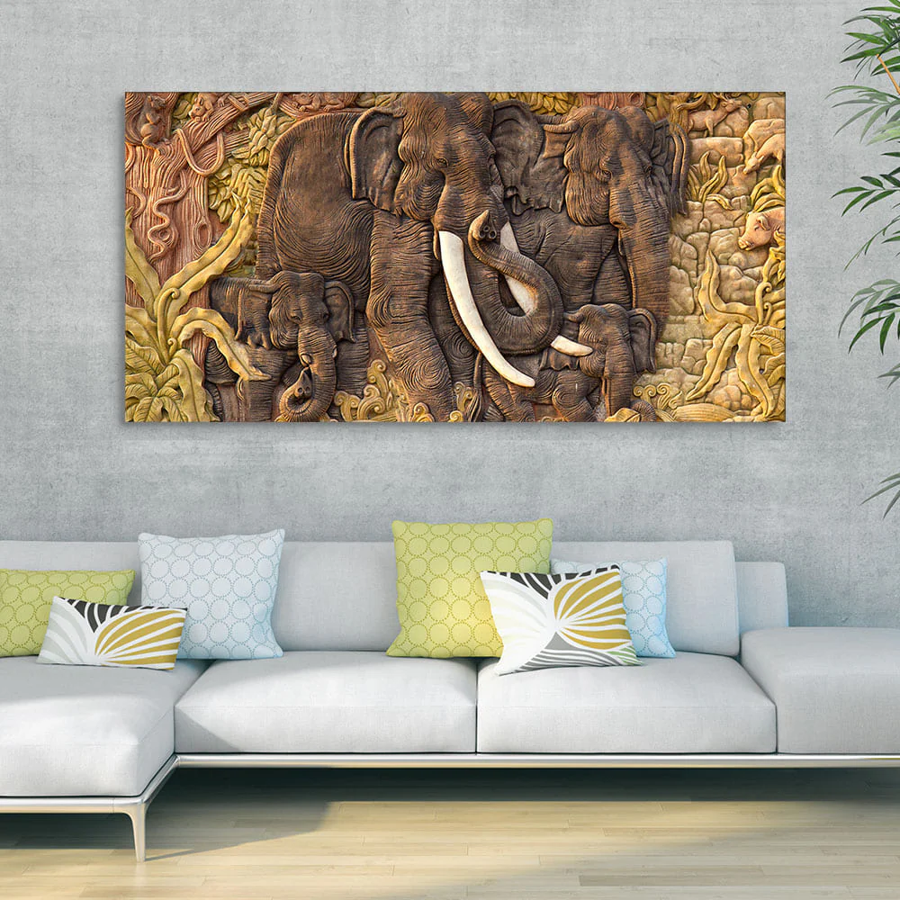 Elephant Family in the Forest Textured Art Premium Wall Painting - Image 2